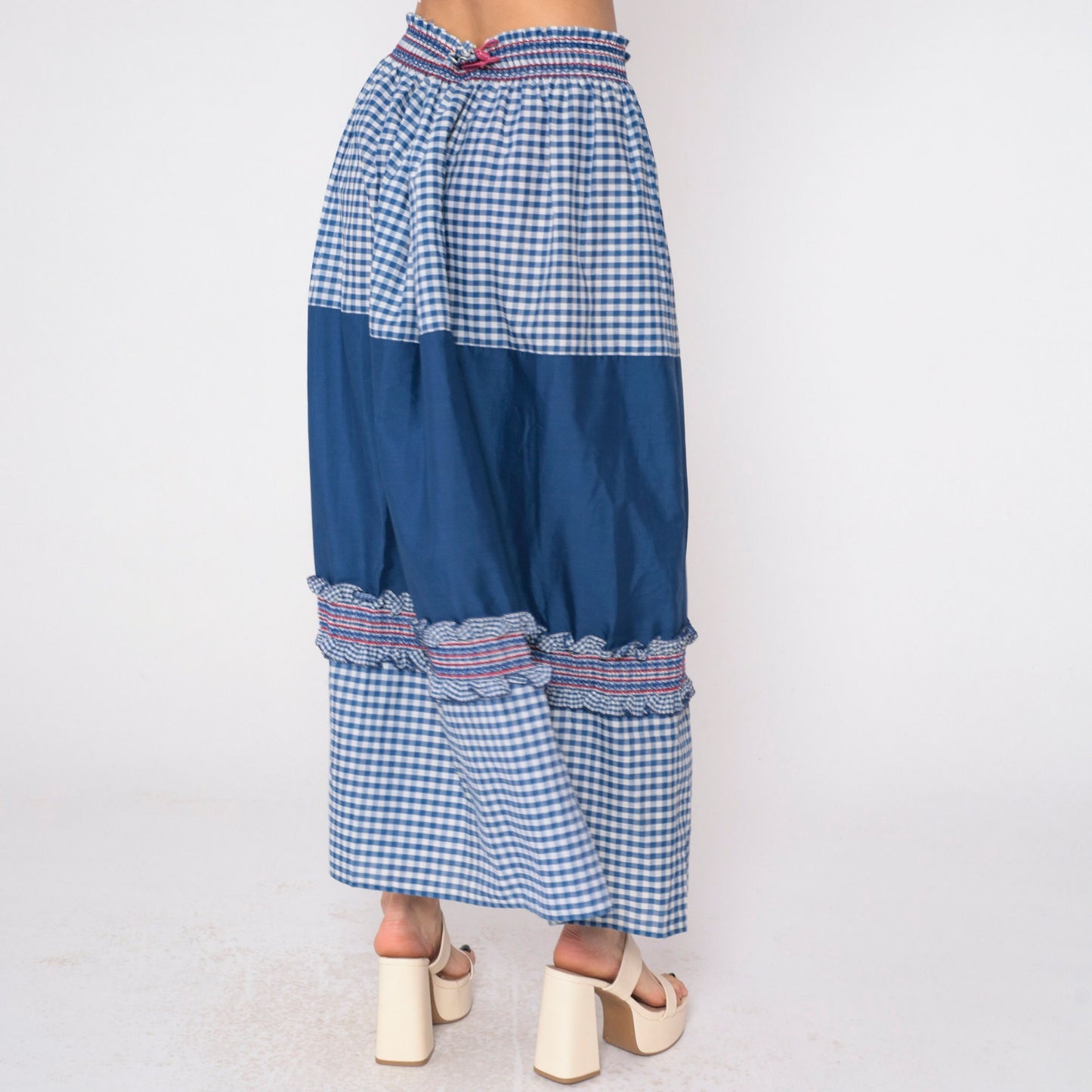 80s Blue Gingham Maxi Skirt High Waist Smocked Ruffled Patchwork Medium Large