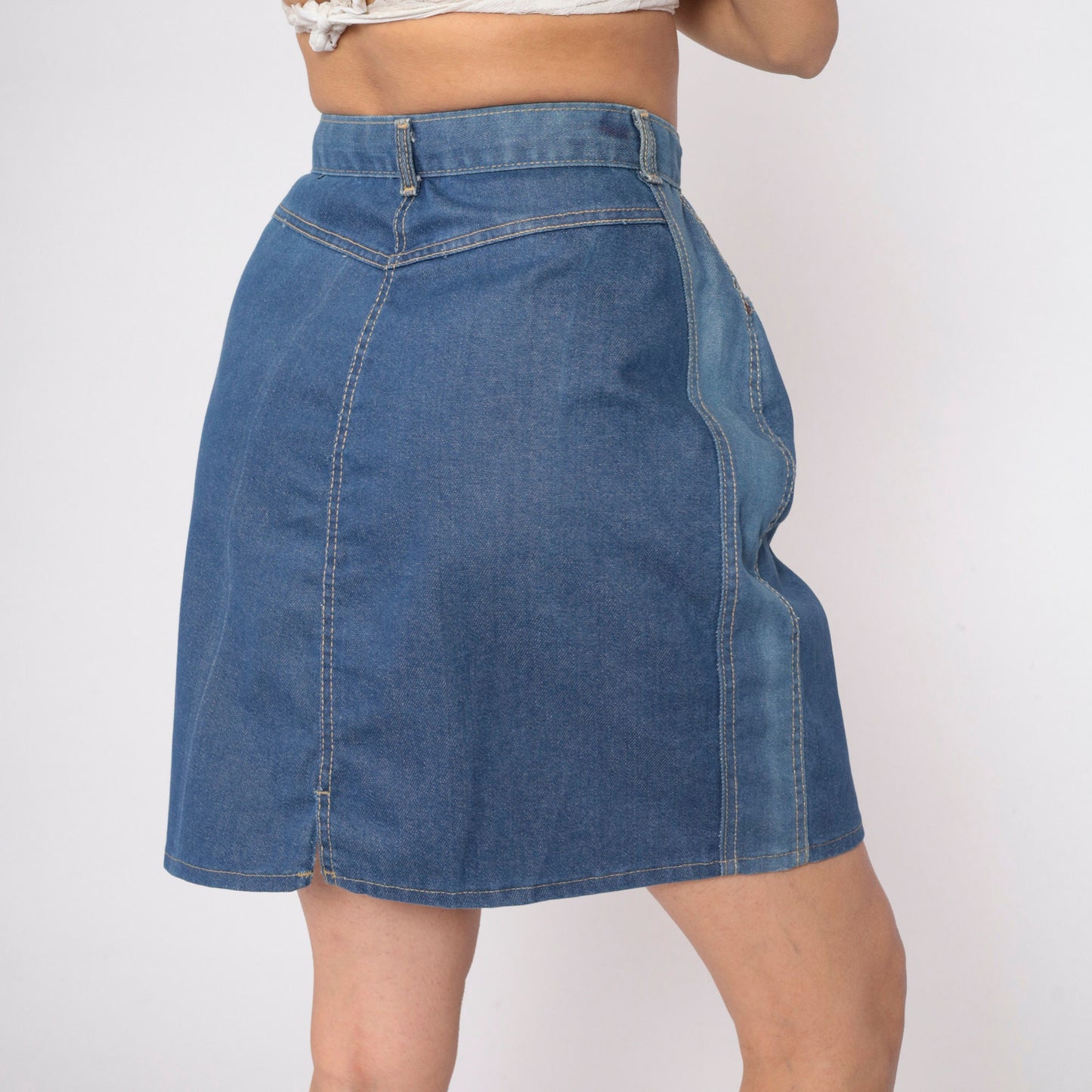 80s Blue Denim Mini Skirt High Waisted Pencil Cut Small S