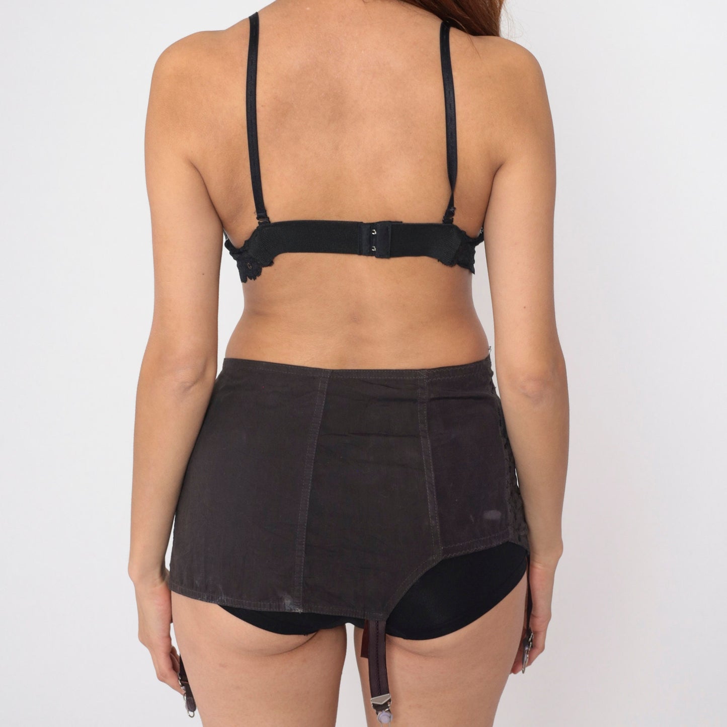 90s Black Leather Underwire Bra Scalloped Lace Sheer 36D
