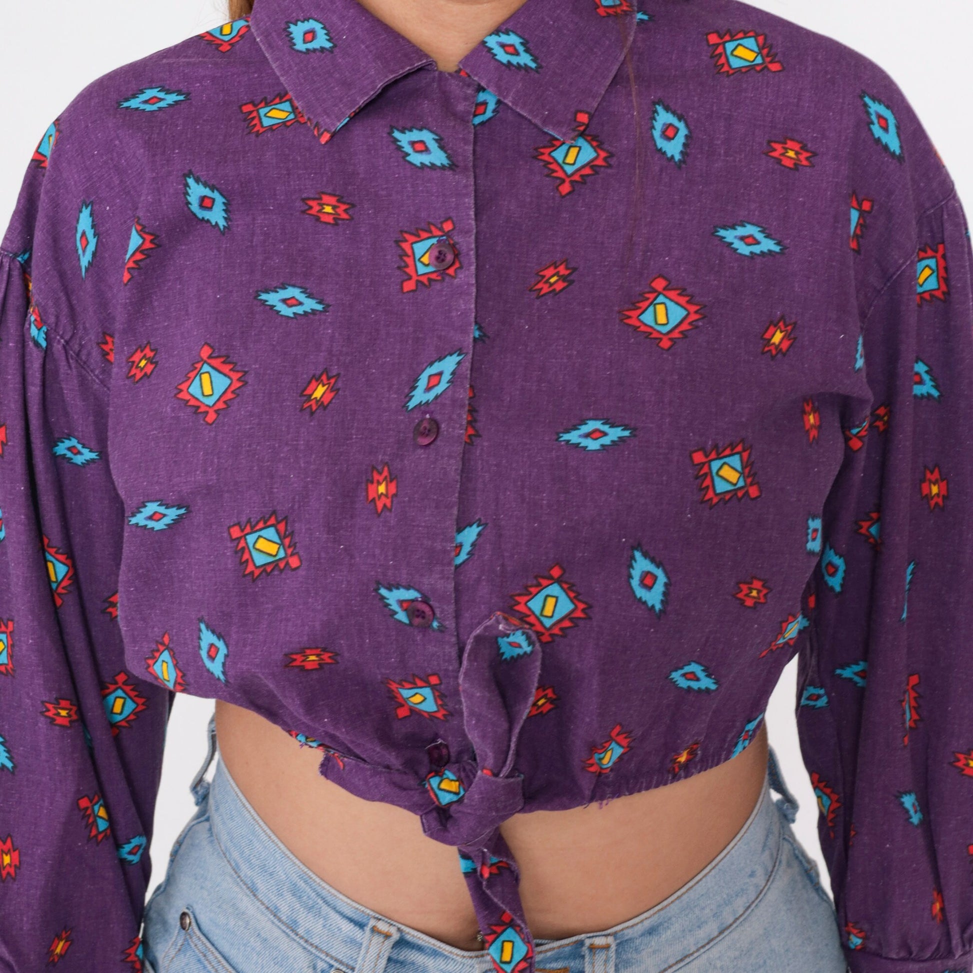 90s Arizona Jean Company Southwestern Crop Top Purple Button-Up Medium