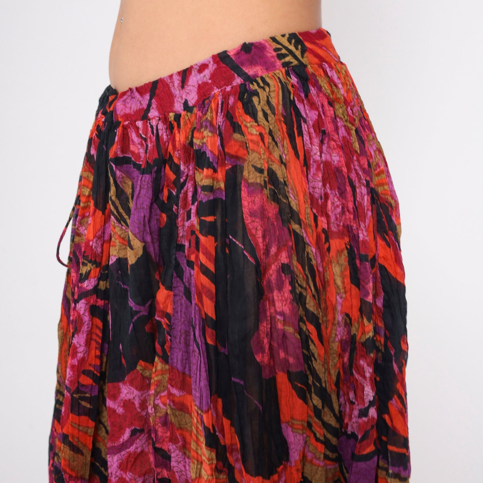 90s Floral Broomstick Midi Skirt Pleated Drawstring Waist Black Purple Red Orange Extra Large