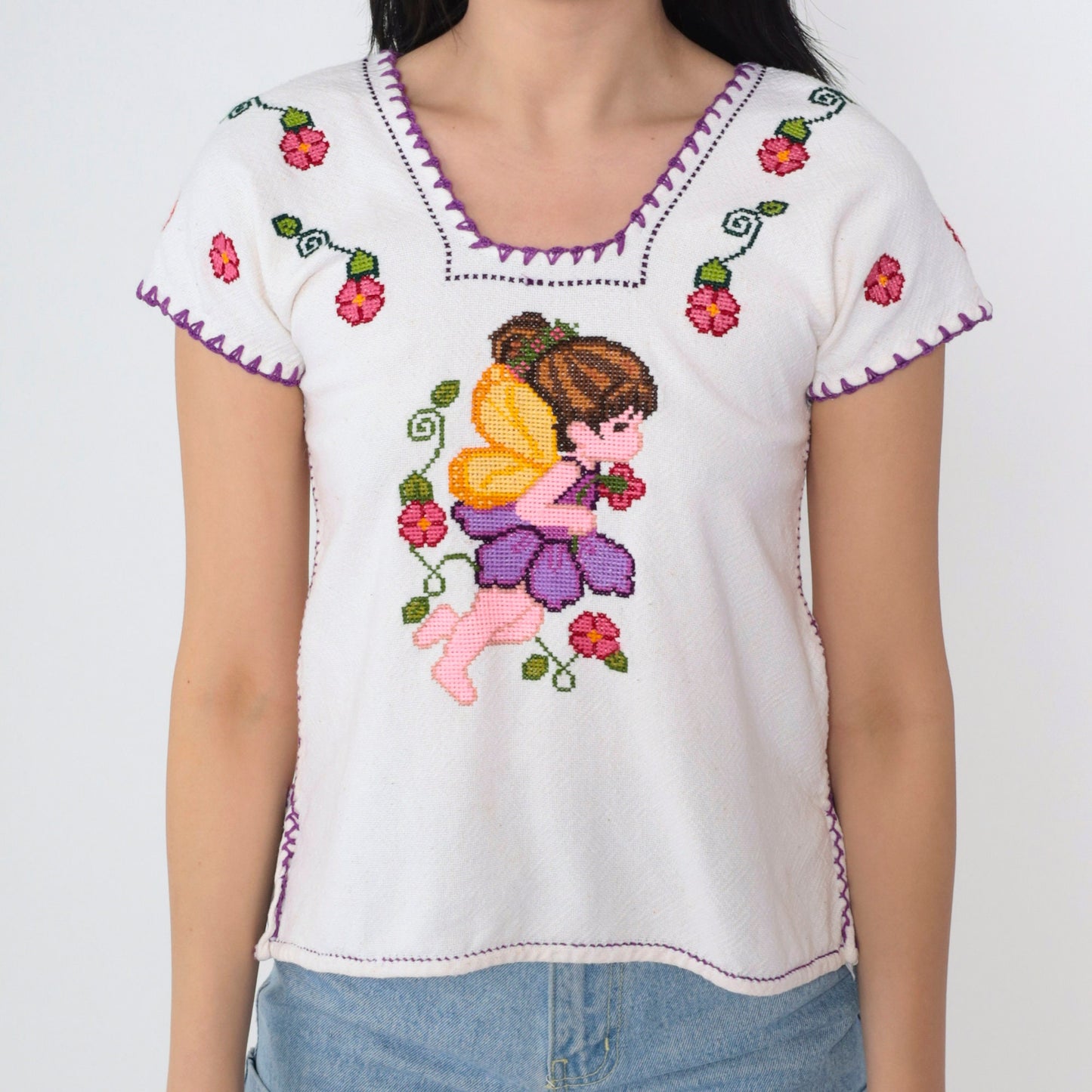 90s Cross Stitch Fairy Embroidered Floral Blouse White Mexican Top XXS