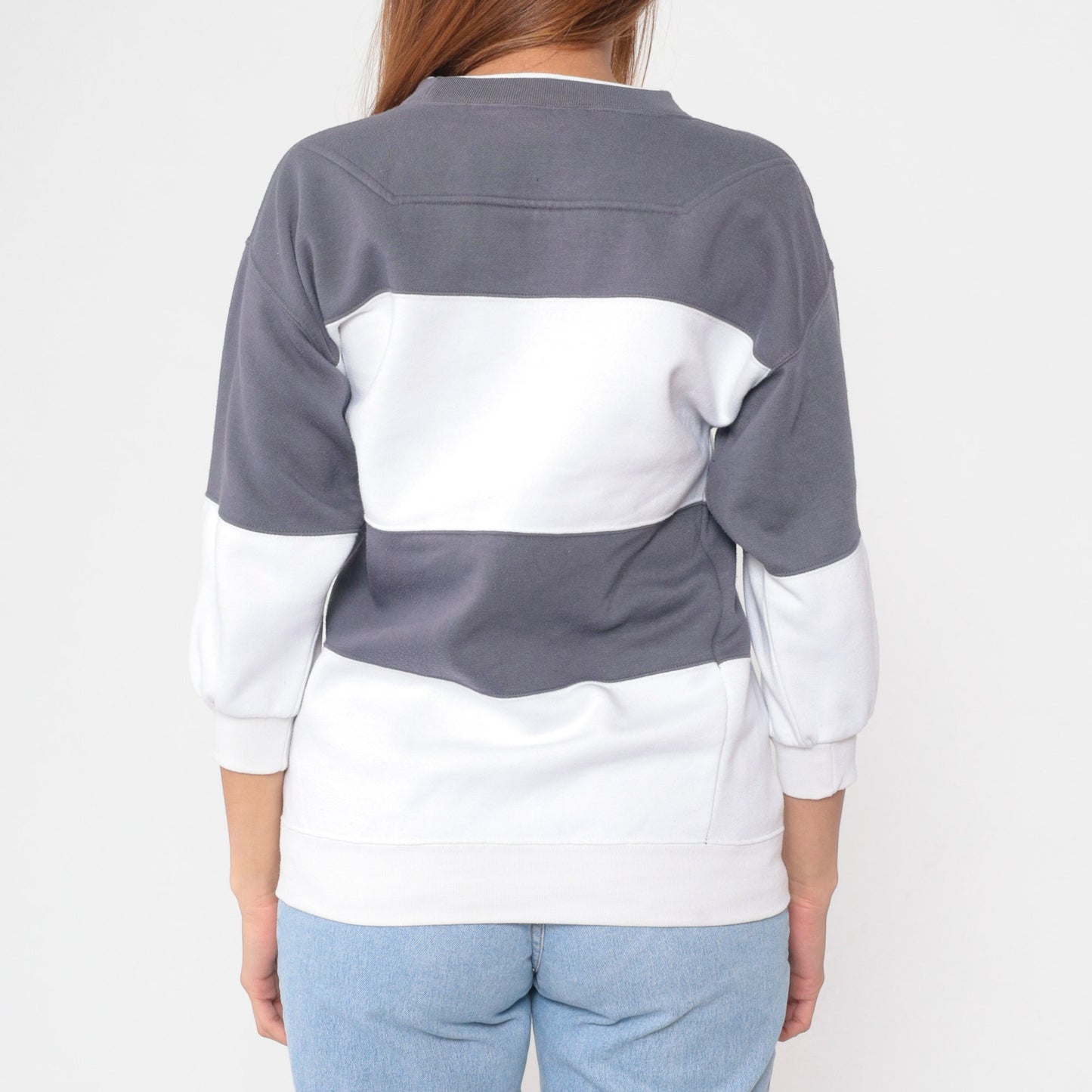 90s Striped Color Block Sweatshirt White Grey Crewneck Small
