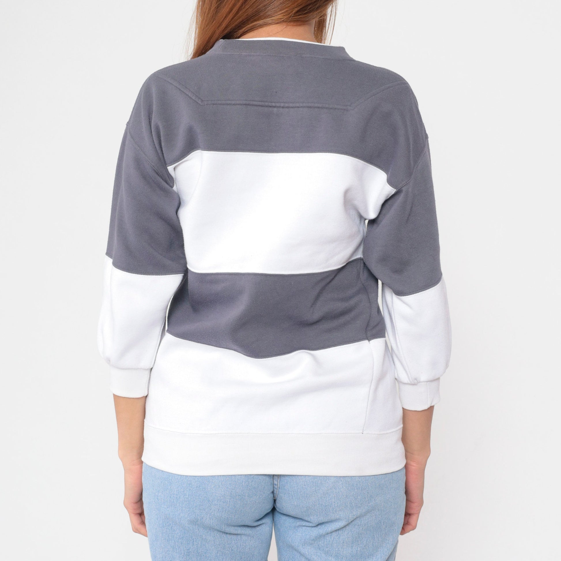 90s Striped Color Block Sweatshirt White Grey Crewneck Small