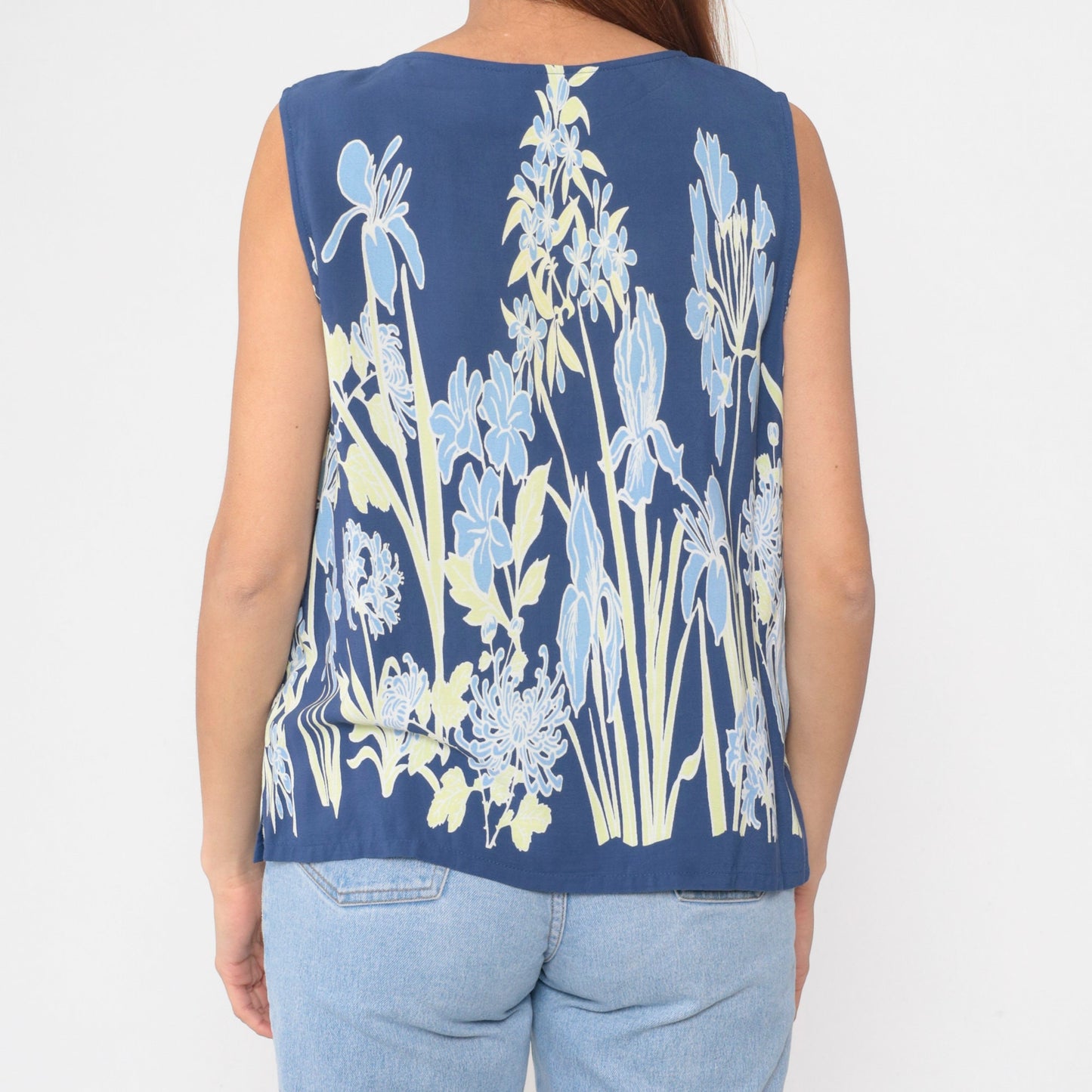 90s Blue Iris Floral Tank Top Sleeveless Blouse Extra Large XXL