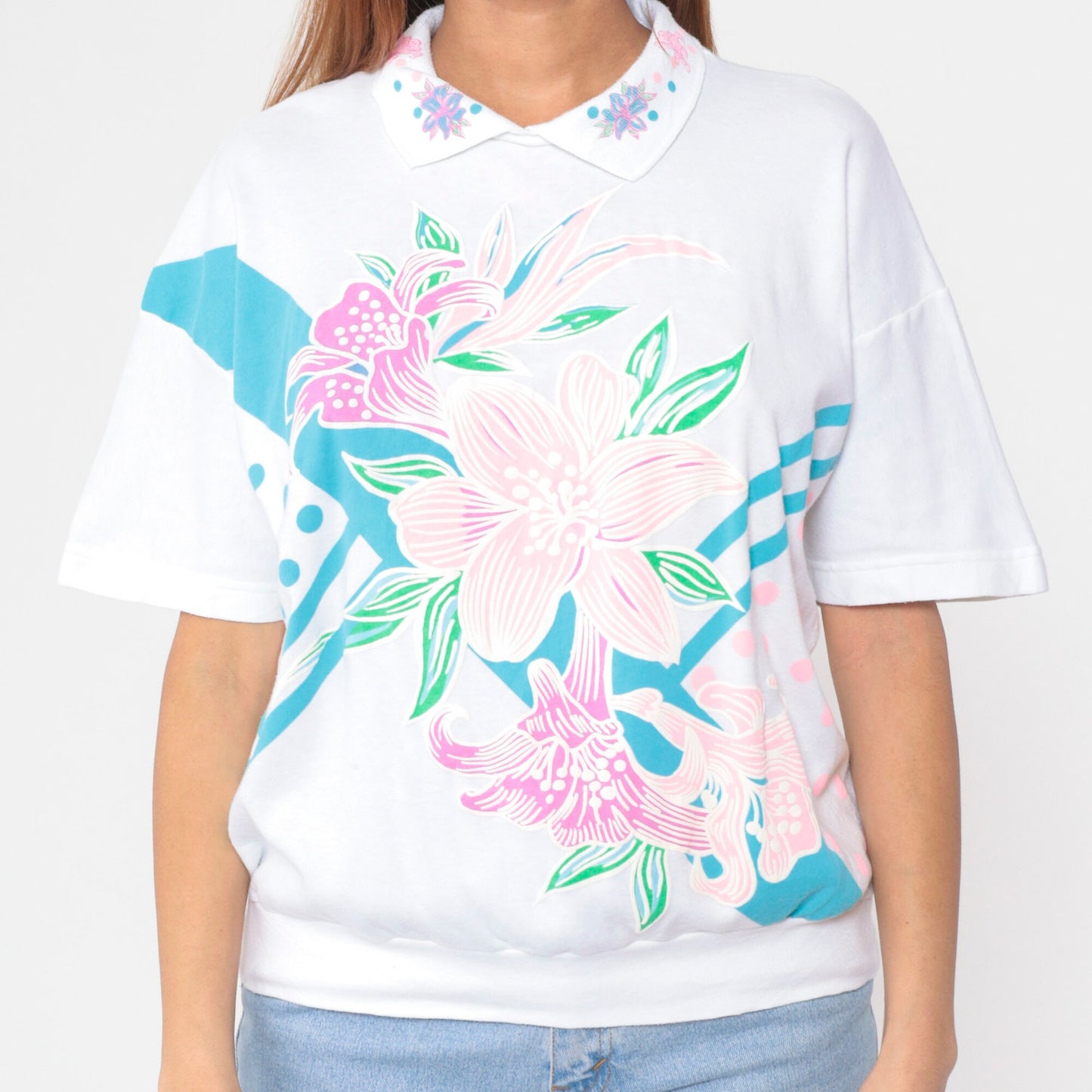 90s White Floral Collared Blouse Abstract Lily Print Short Sleeve Banded Hem Large L