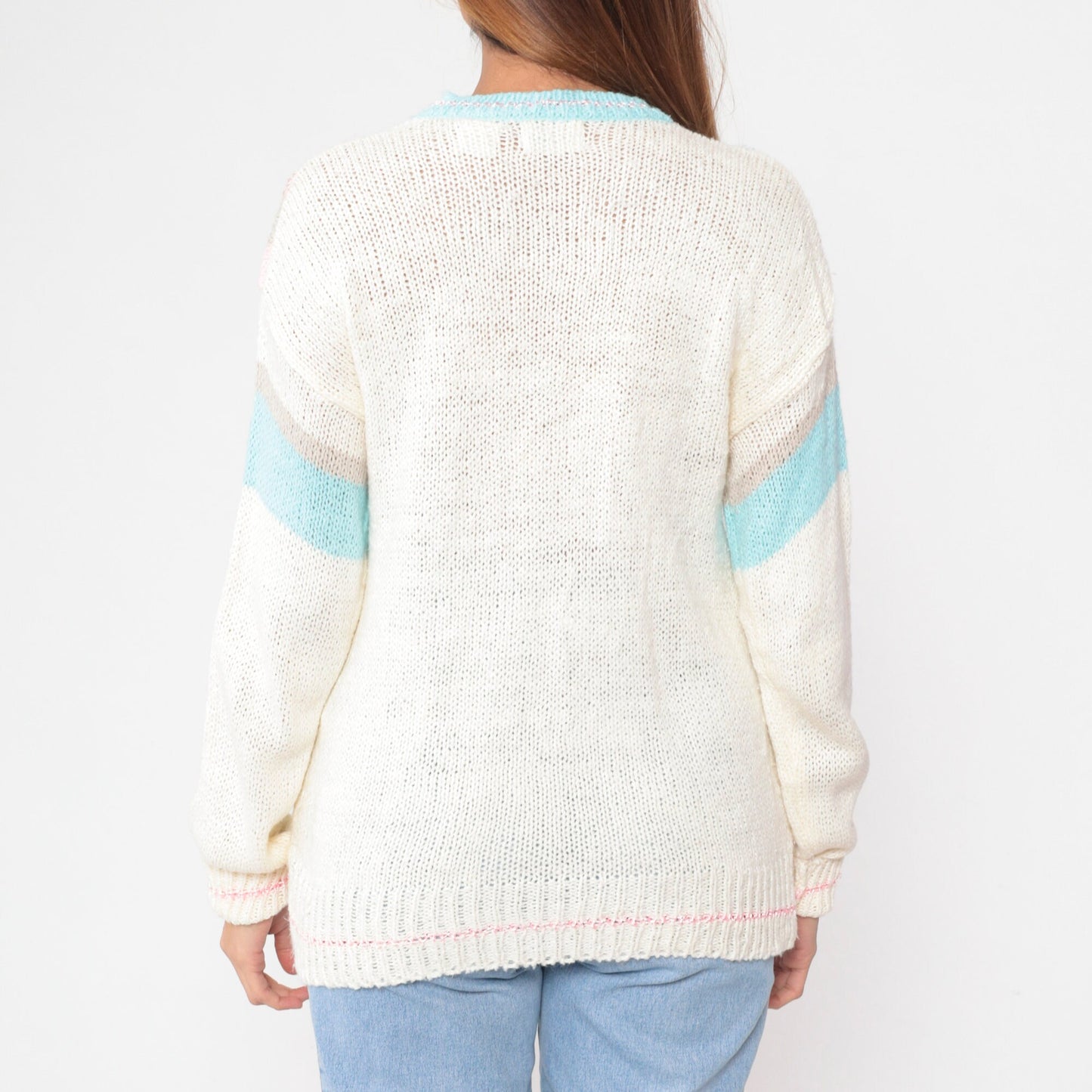 80s Mister Noah Knit Sweater White Pastel Chevron Beaded Floral Embroidered Large