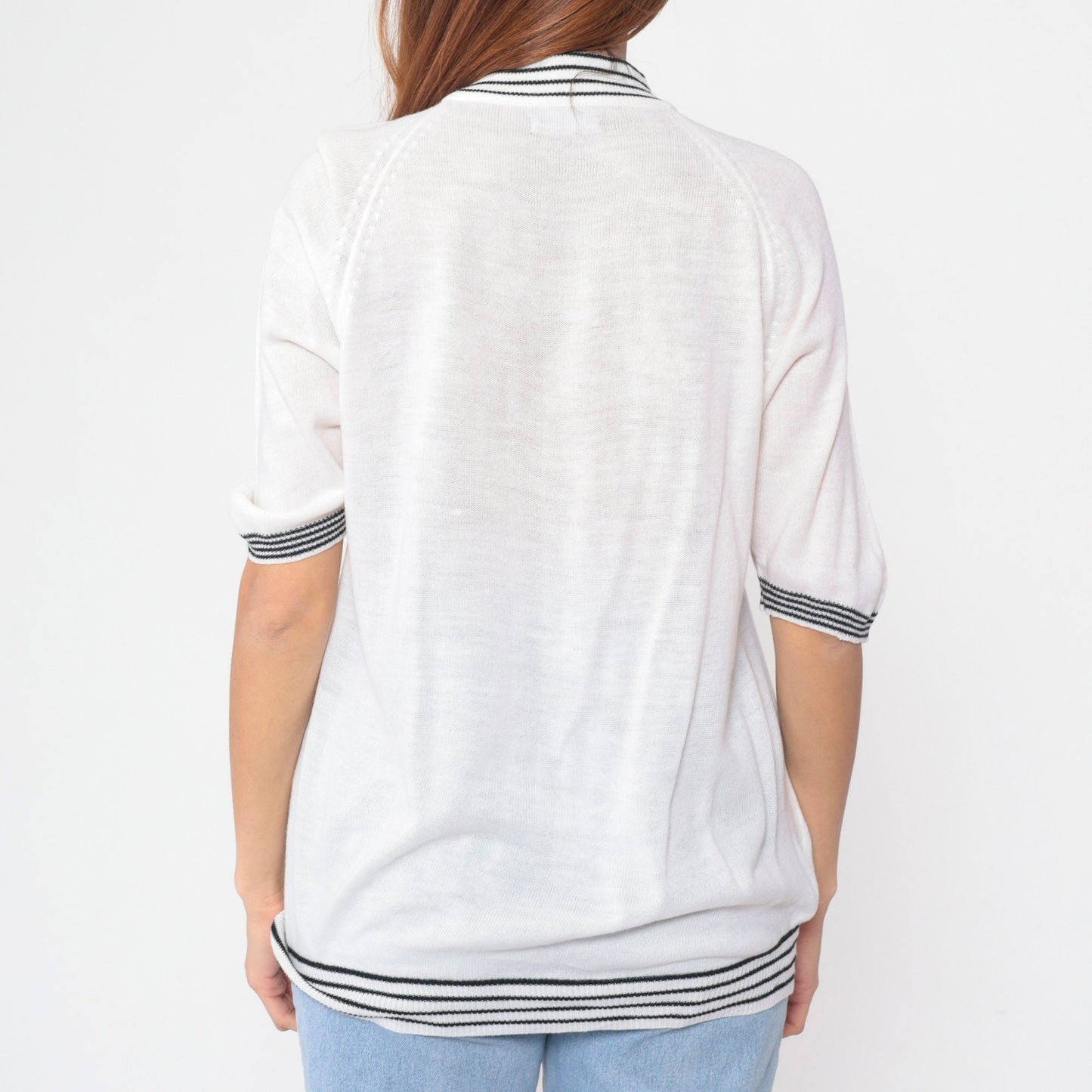70s Bardoni White Knit Mock Neck Sweater Top Striped Ringer Medium