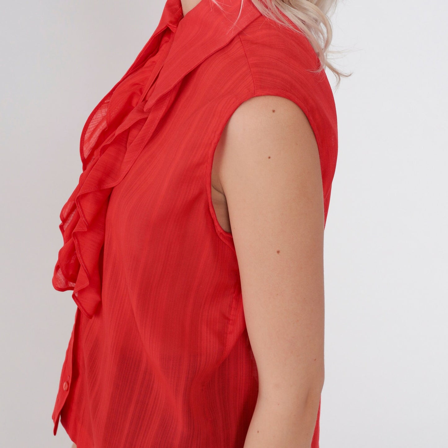 70s Red Striped Tank Top Dagger Collar Ruffle Front Button-Up Medium