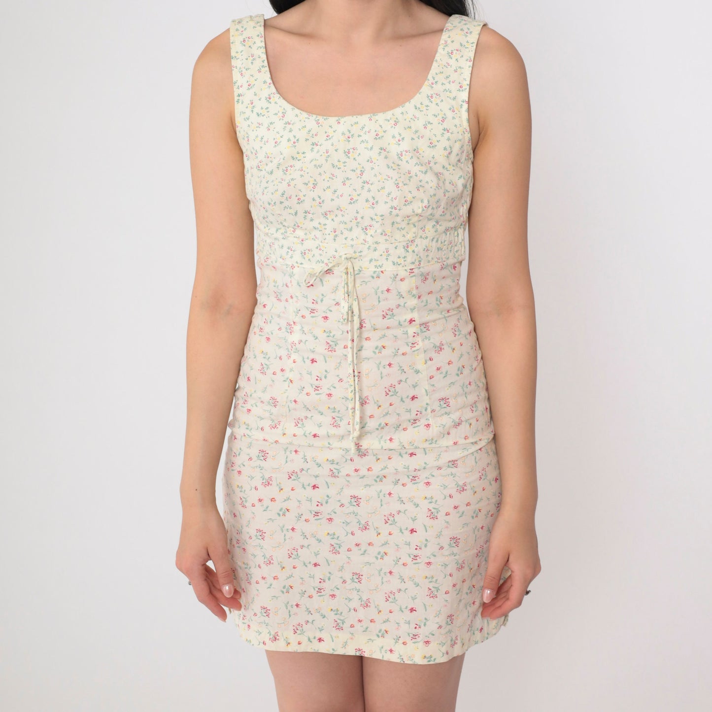 90s City Triangles Floral Mini Dress Pale Yellow Empire Waist Extra Small