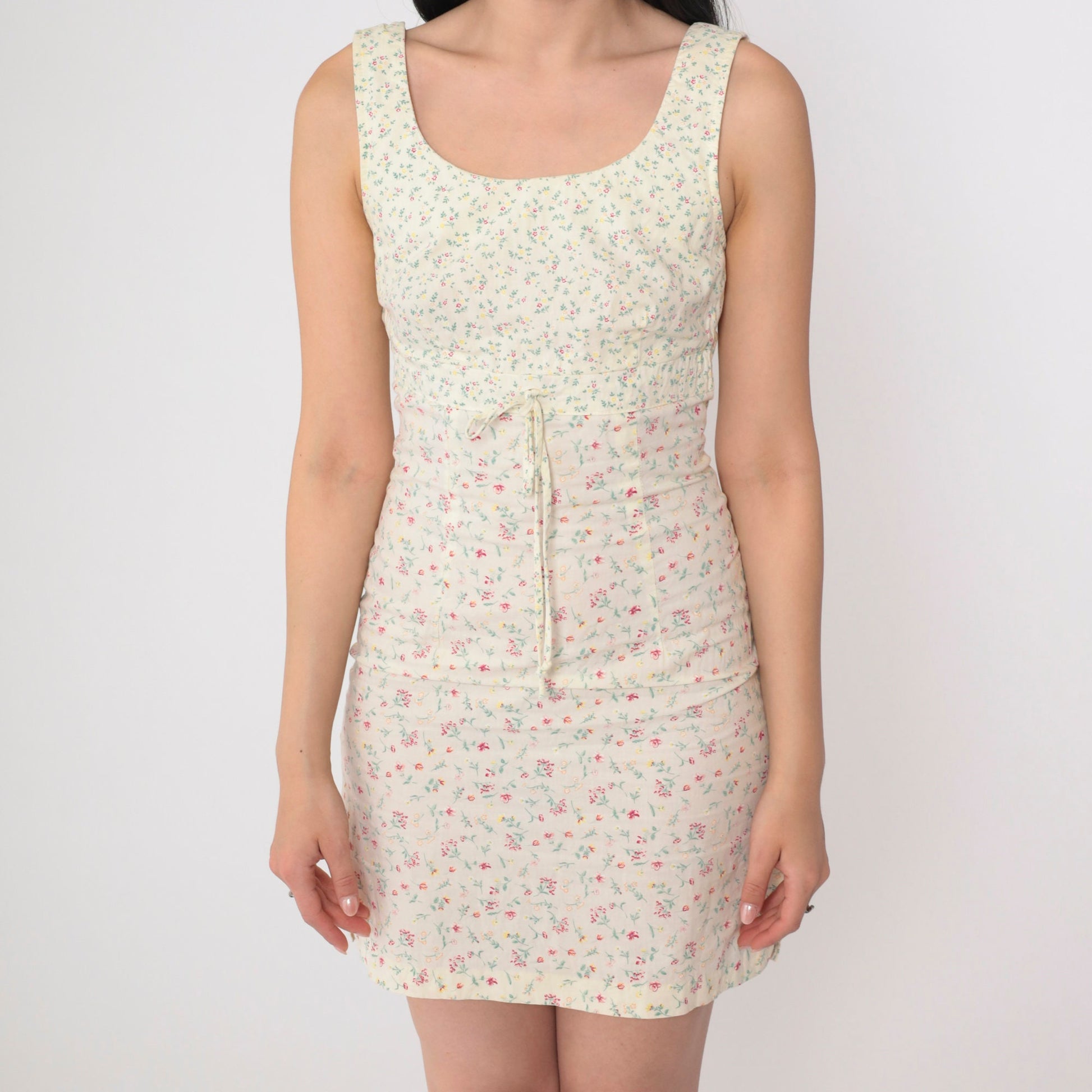 90s City Triangles Floral Mini Dress Pale Yellow Empire Waist Extra Small