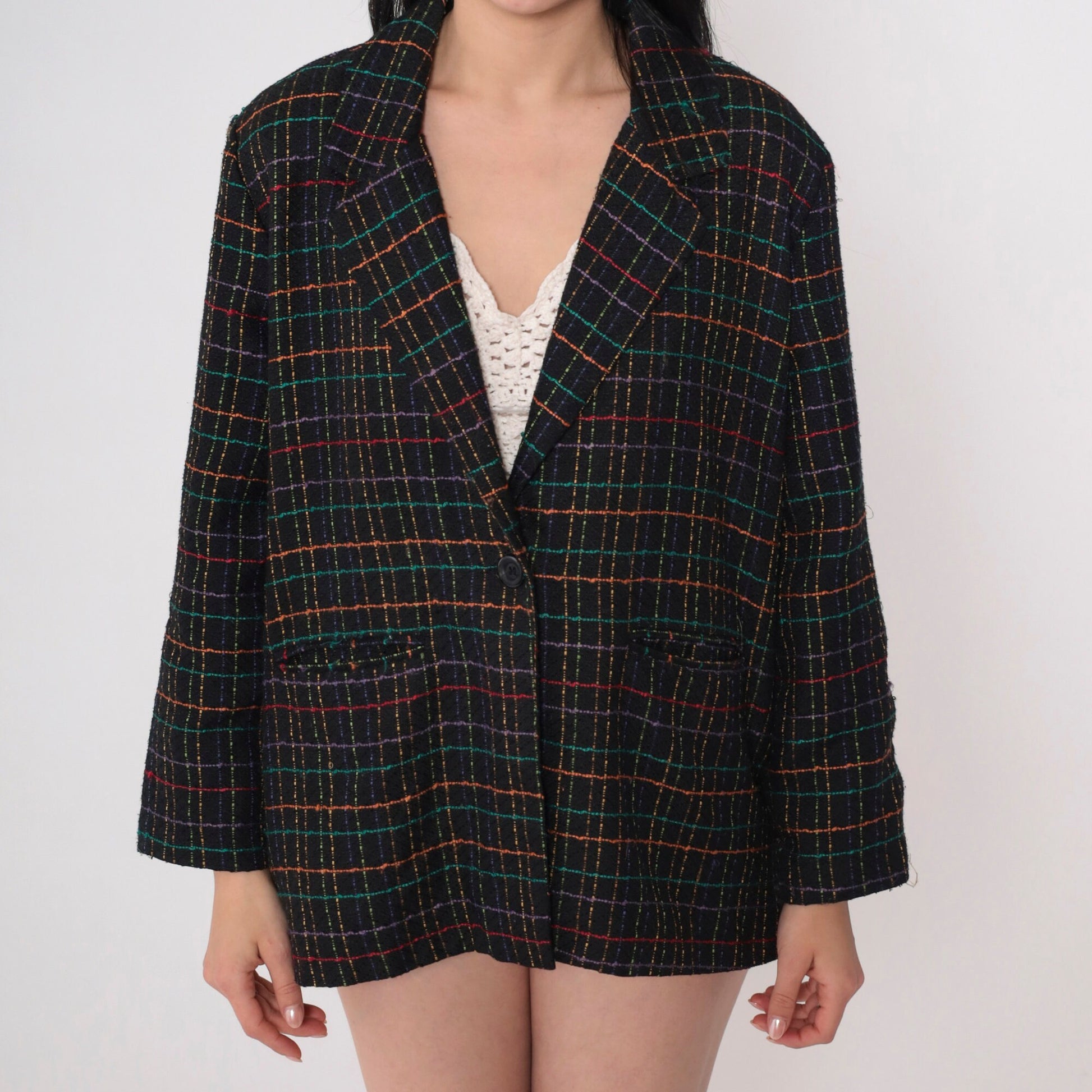 90s Black Checkered Blazer Rainbow Print Button-Up Jacket Large L