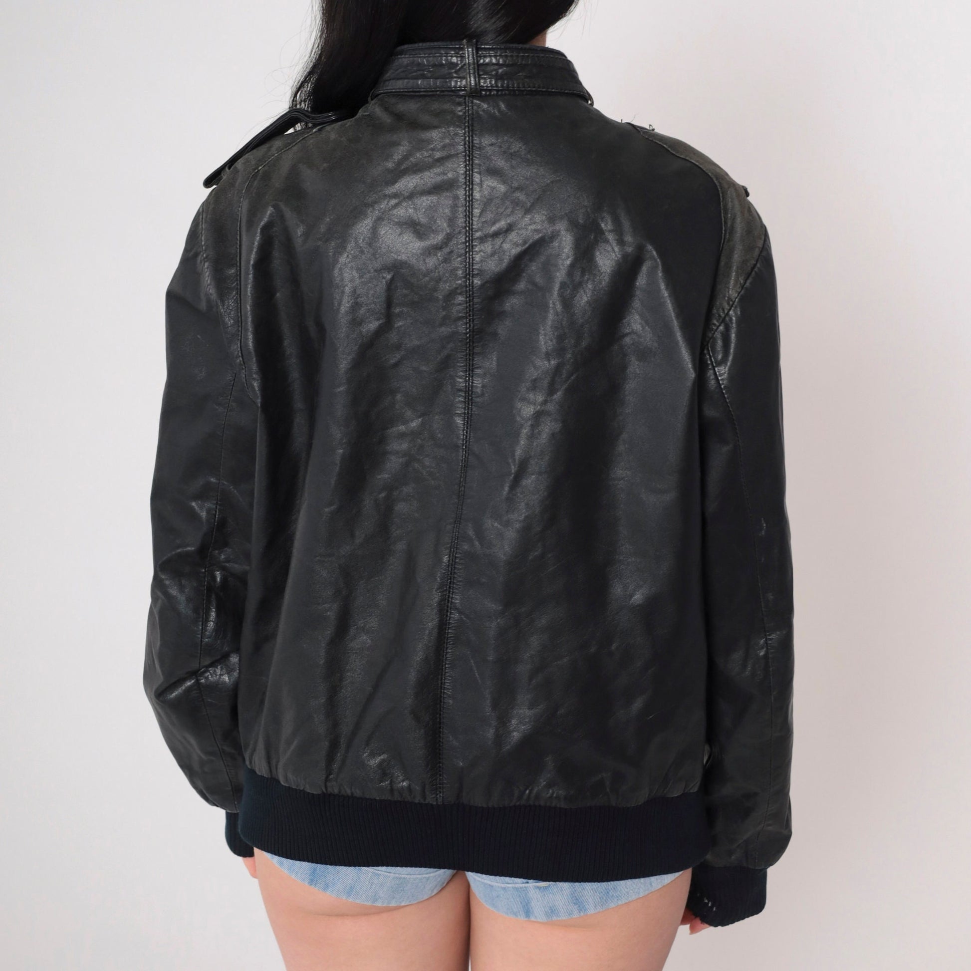80s Cooper Black Leather Bomber Jacket Knit Cuffs Men's Large 42