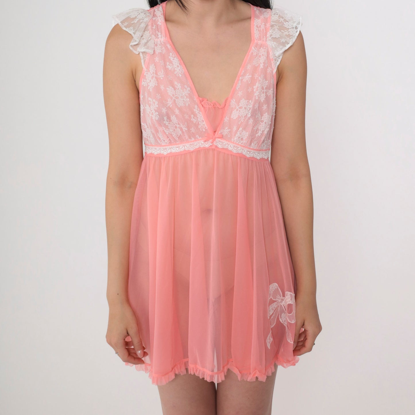 Betsey Johnson Pink Nightie Semi-Sheer Lace Trim Flutter Sleeve Mini Slip Dress Medium