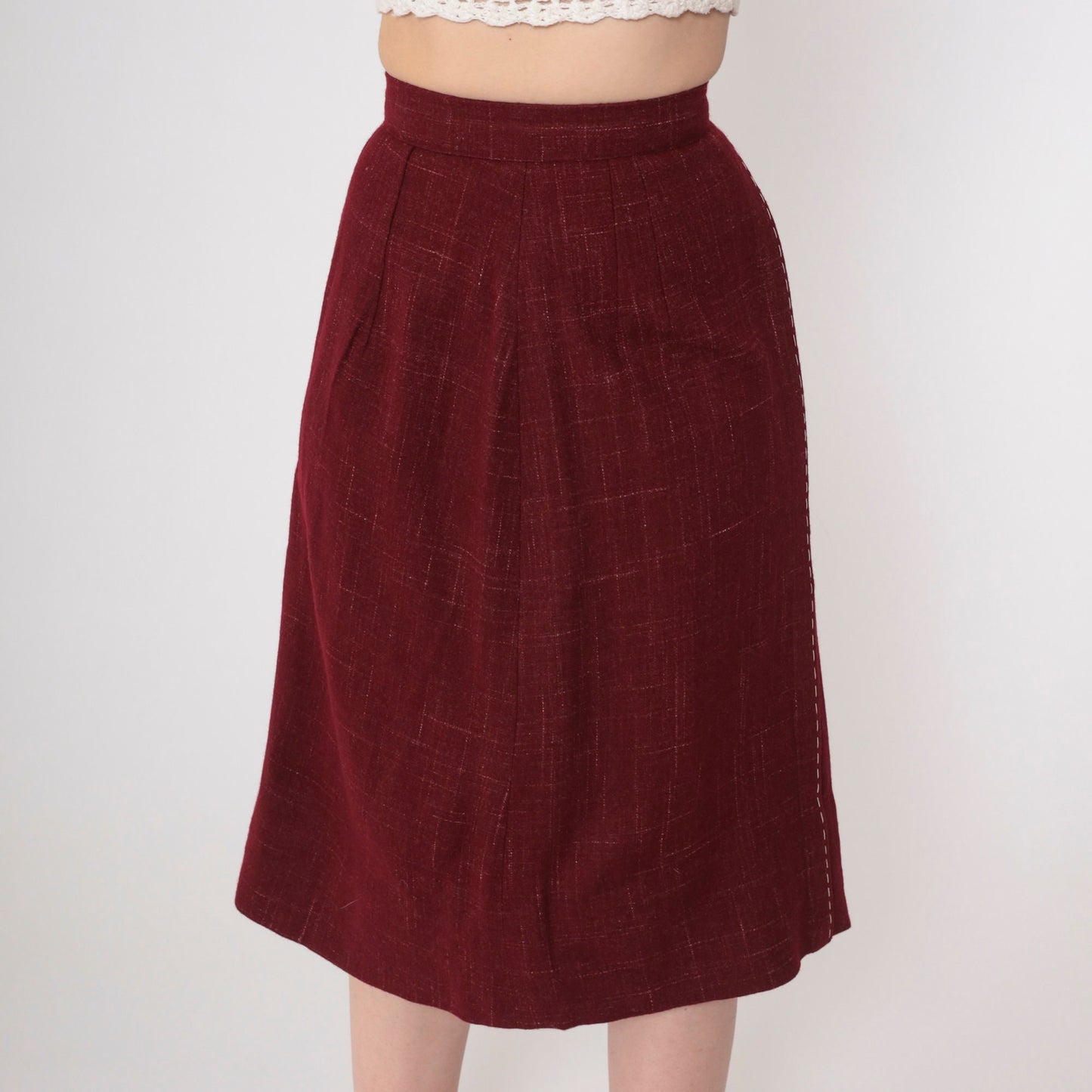 80s Dark Rust Red Midi Skirt High Waist Checkered Topstitch XXS