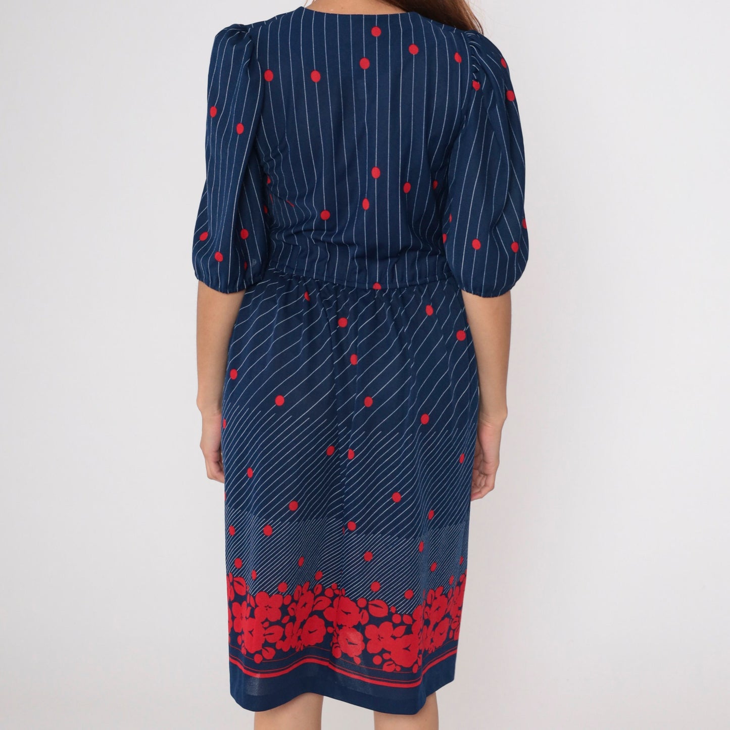 70s Navy Midi Wrap Dress Puff Sleeve Floral Polka Dot Striped Small