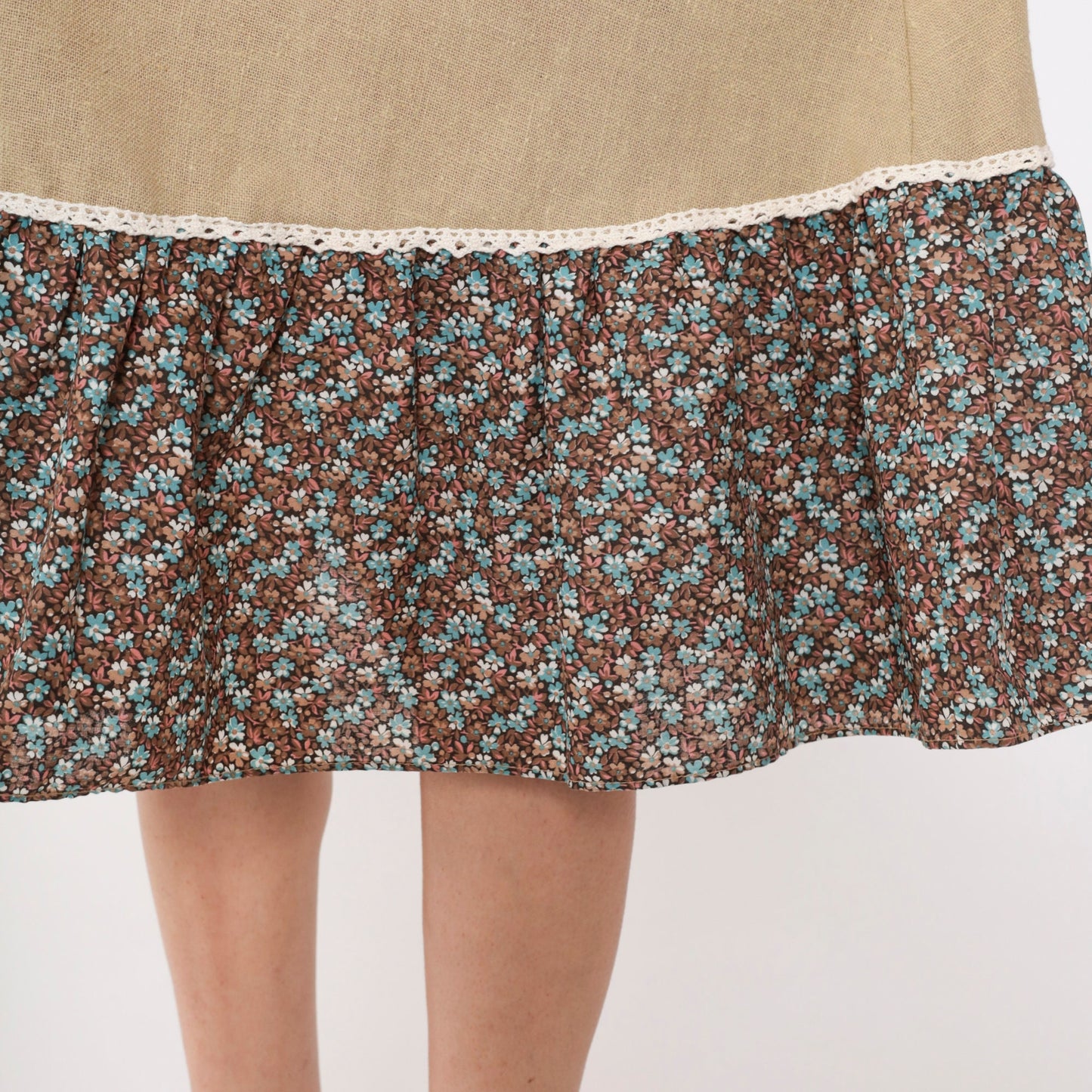 70s Floral Peasant Dress Olive Brown Midi Keyhole Bow Tie Waist Medium
