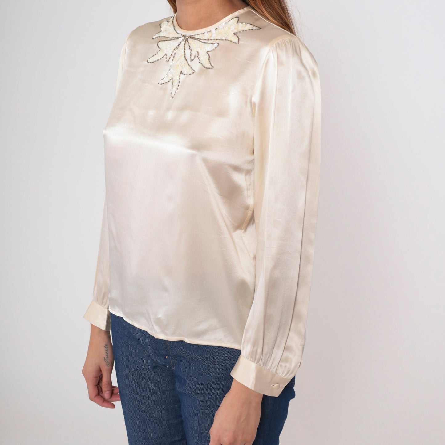 80s Lloyd Williams Silk Blouse Cream Sequin Leaf Beaded Puff Sleeve Medium