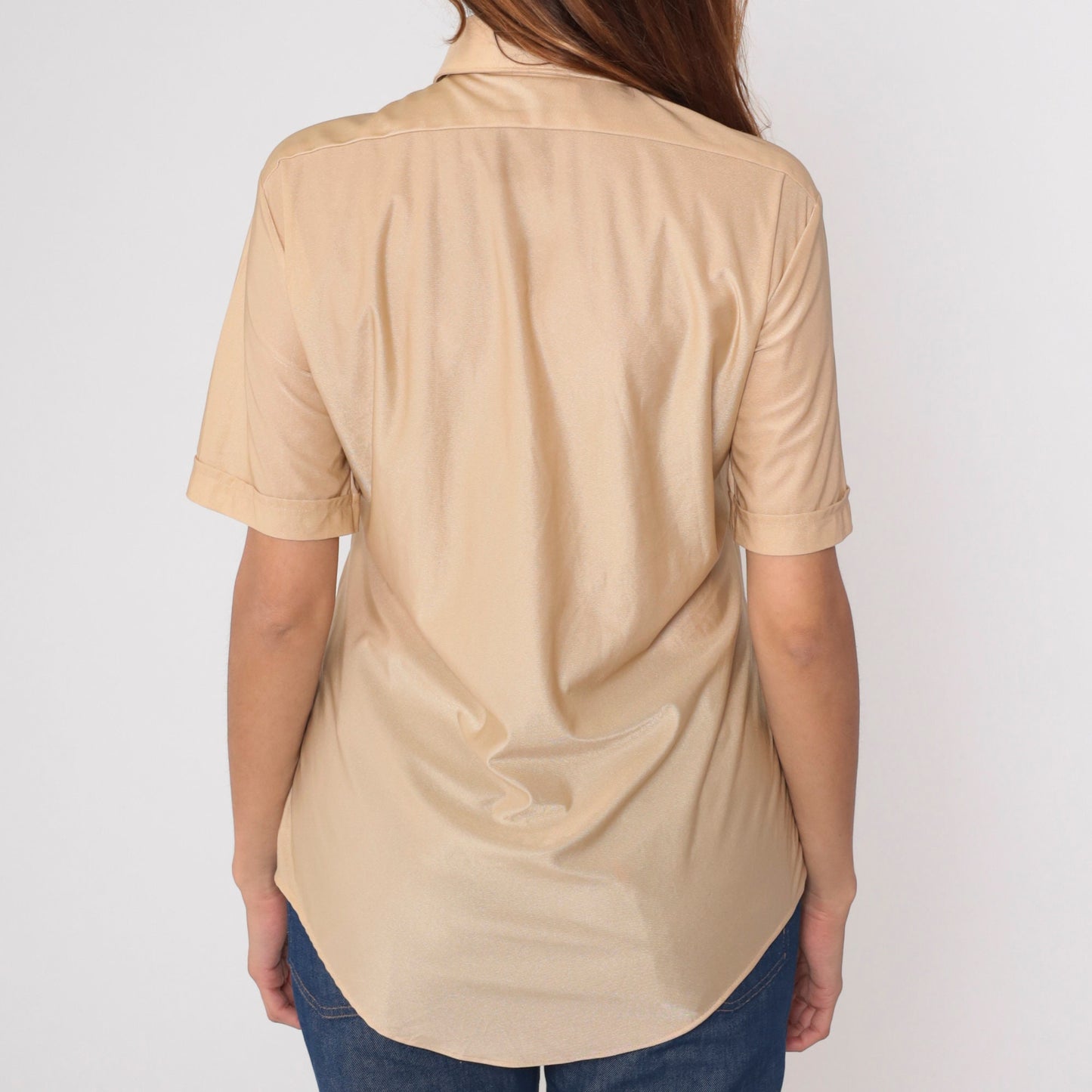 70s Tarleton Shimmery Beige Button-Up Shirt Dagger Collar Short Sleeve Men's 15