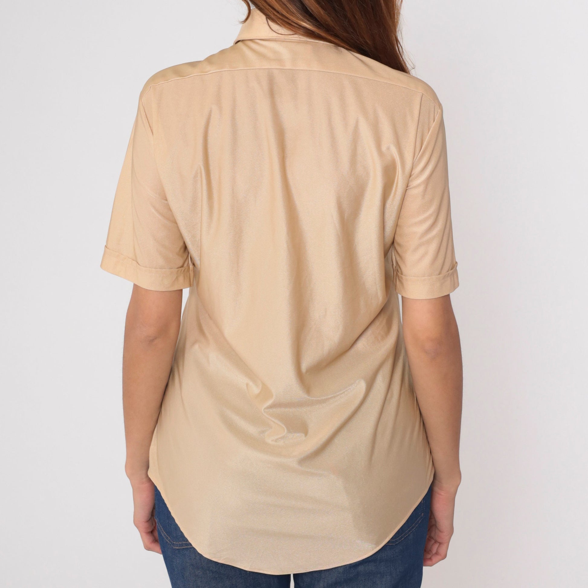 70s Tarleton Shimmery Beige Button-Up Shirt Dagger Collar Short Sleeve Men's 15