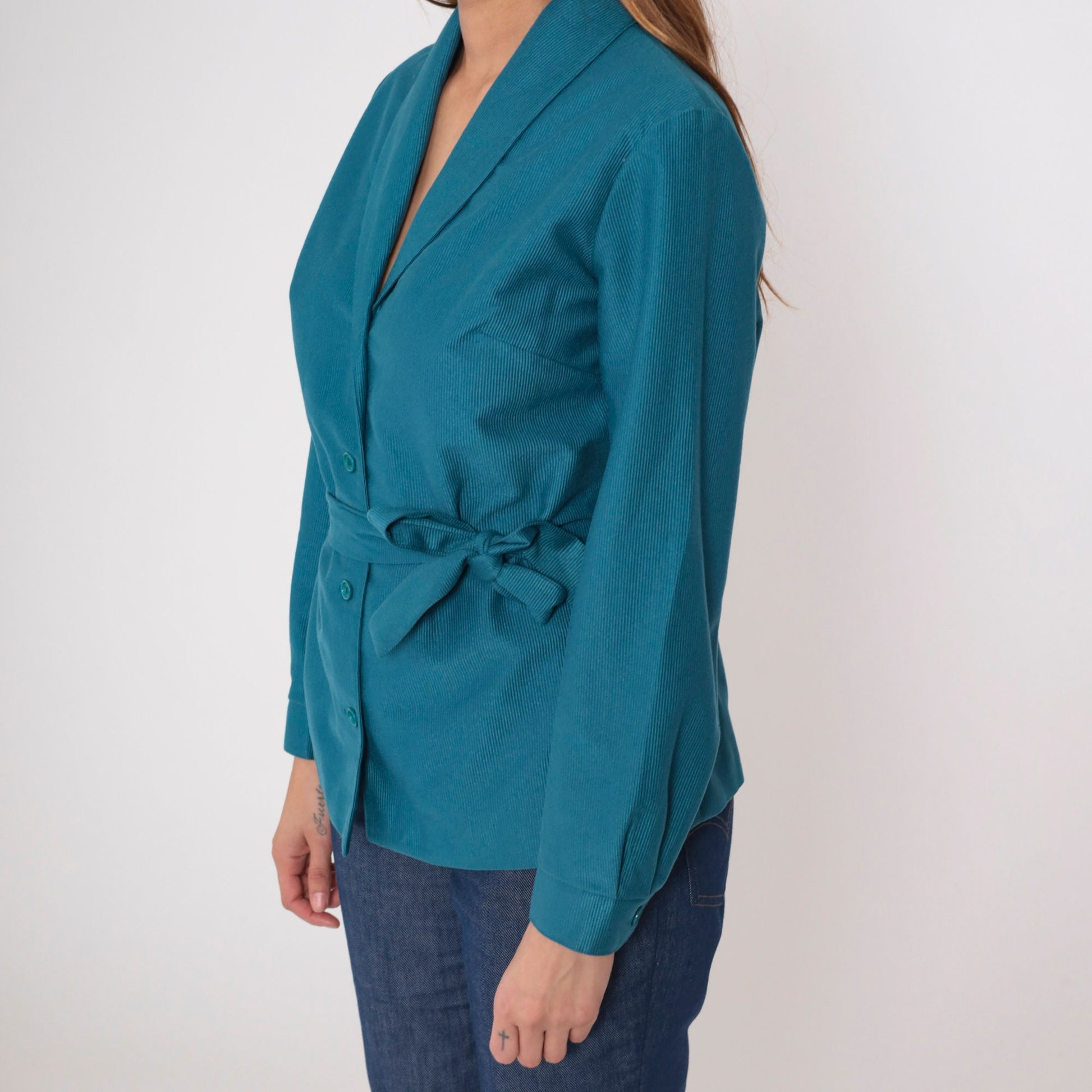 70s Teal Blue Belted Shawl Collar Jacket Ribbed Button Up Medium