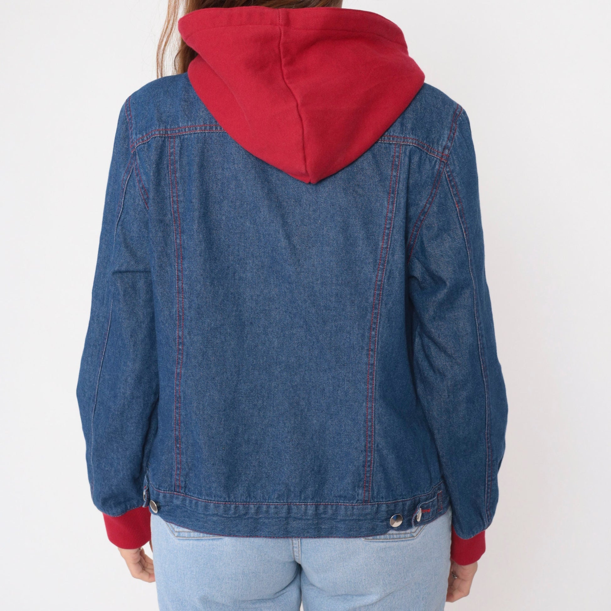 90s Forenza Hooded Denim Jacket Blue Red Sweatshirt Hood Zip Medium
