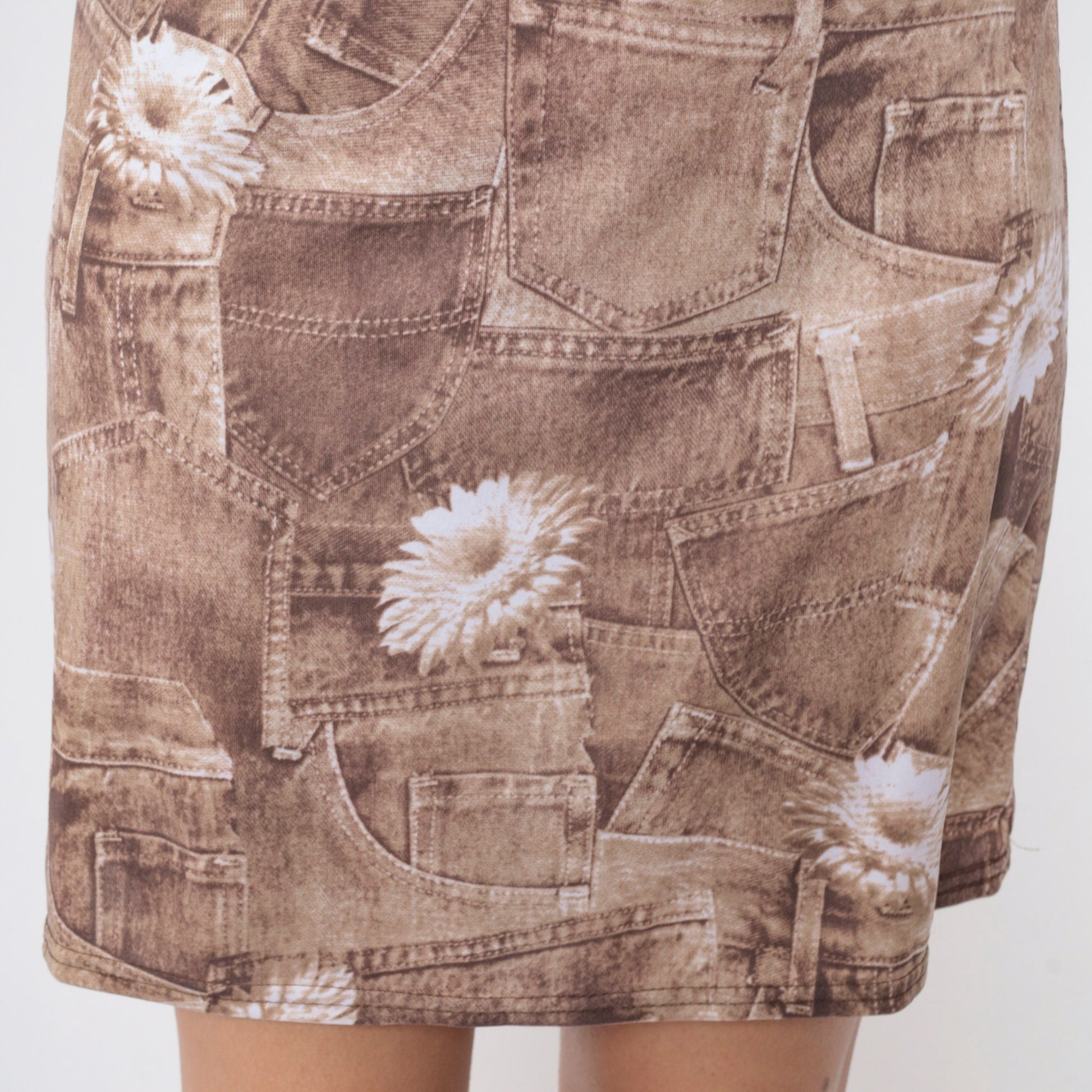 90s Daisy Floral Denim Pocket Mini Skirt High Waist Graphic Print Medium Large