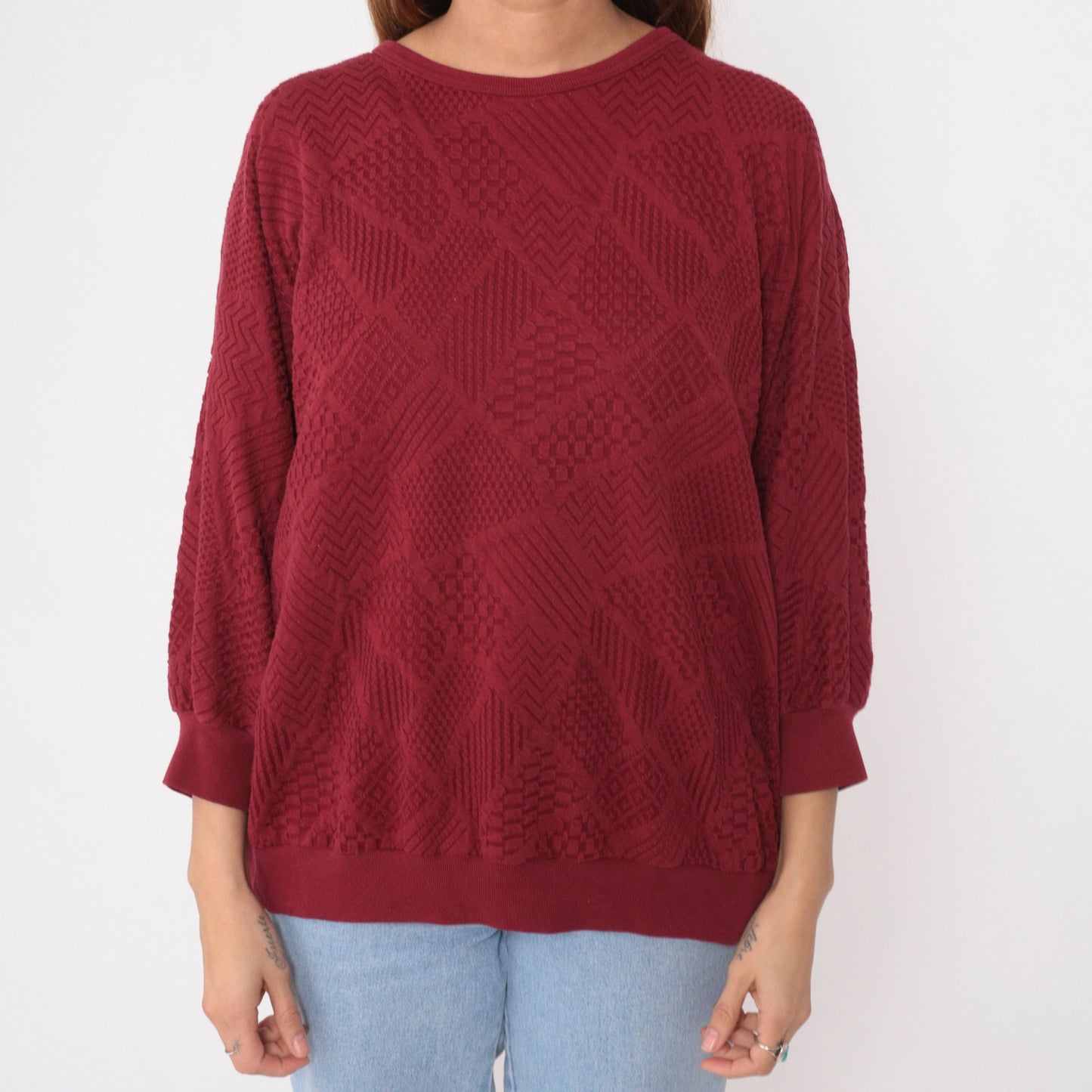 80s Dolman Sleeve Patchwork Top Deep Red Textured Crewneck Extra Large XXL