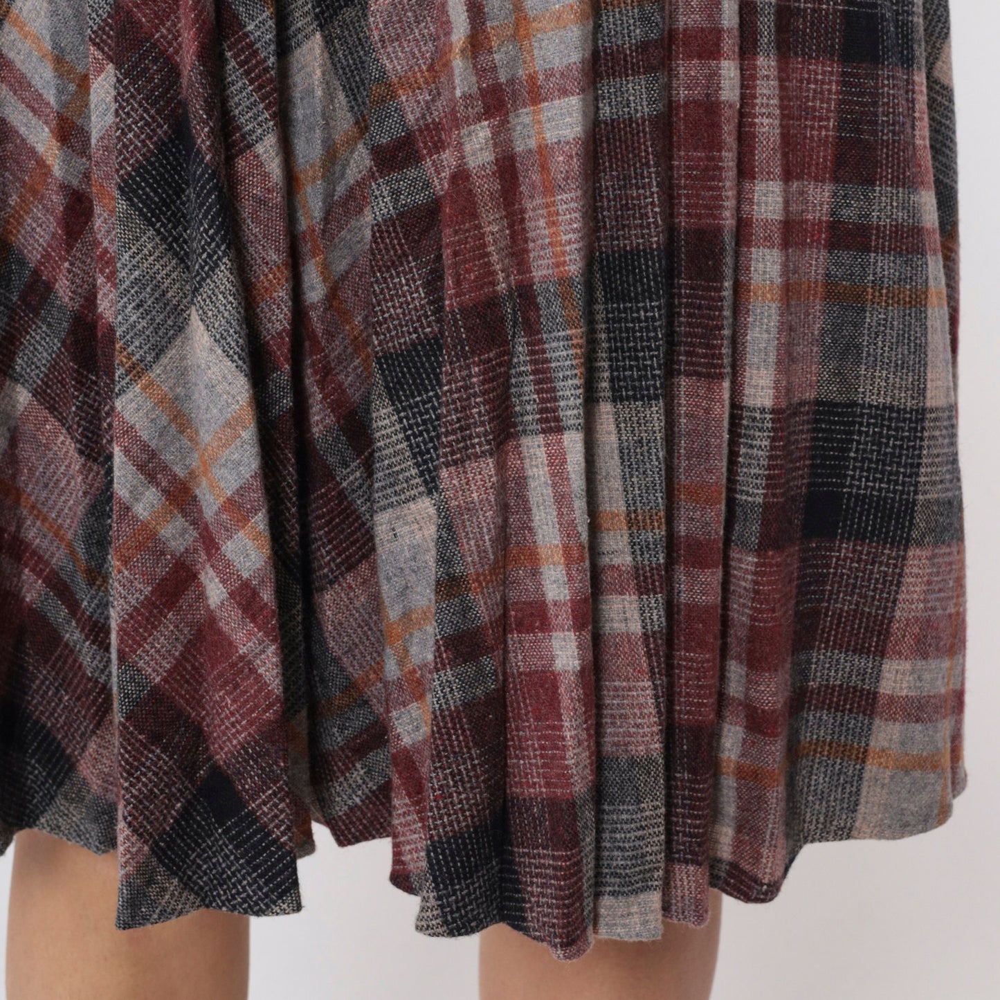 80s Plaid Wool Blend Pleated Skirt High Waist Knee Length Red Grey Small