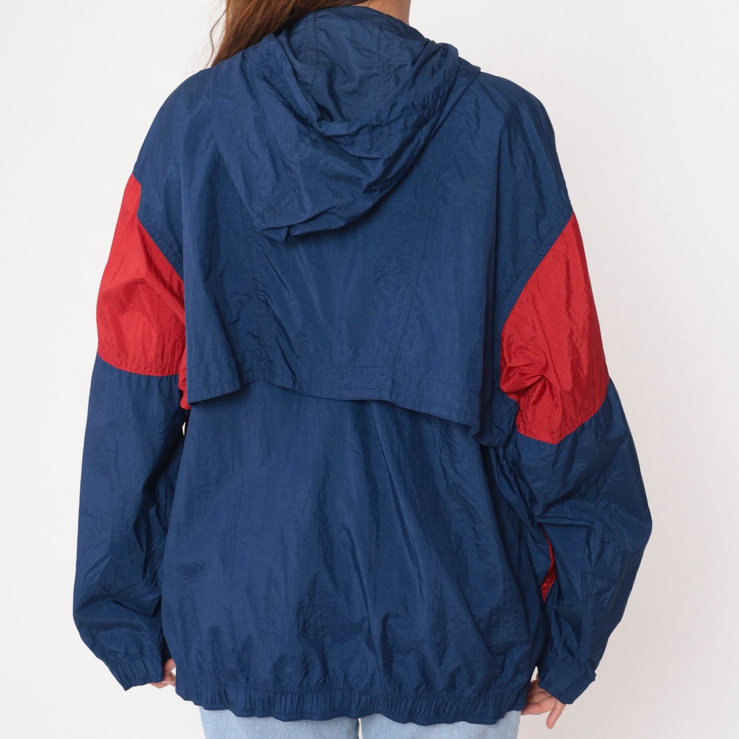 90s Head Hooded Windbreaker Navy Blue Red Color Block Large