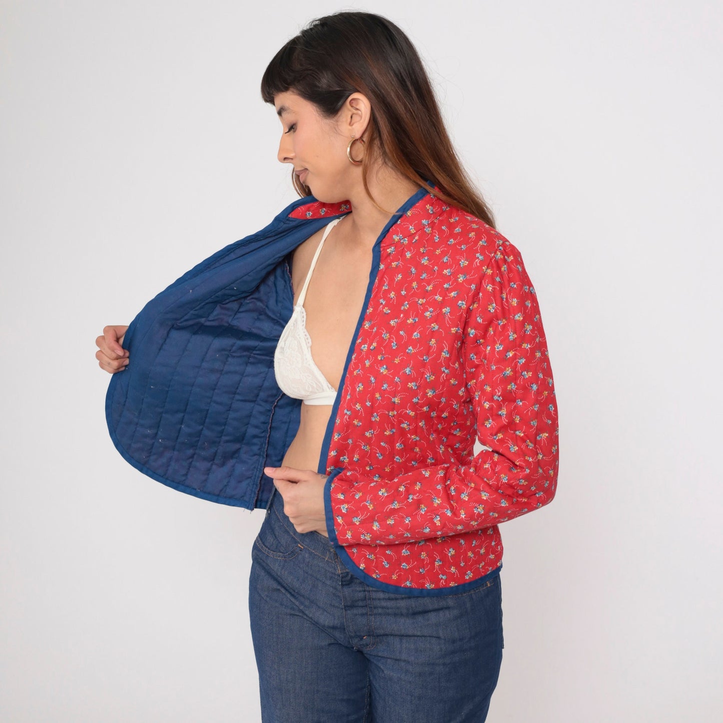 70s Fritzi Quilted Jacket Red Calico Floral Puff Sleeve Mandarin Collar Medium