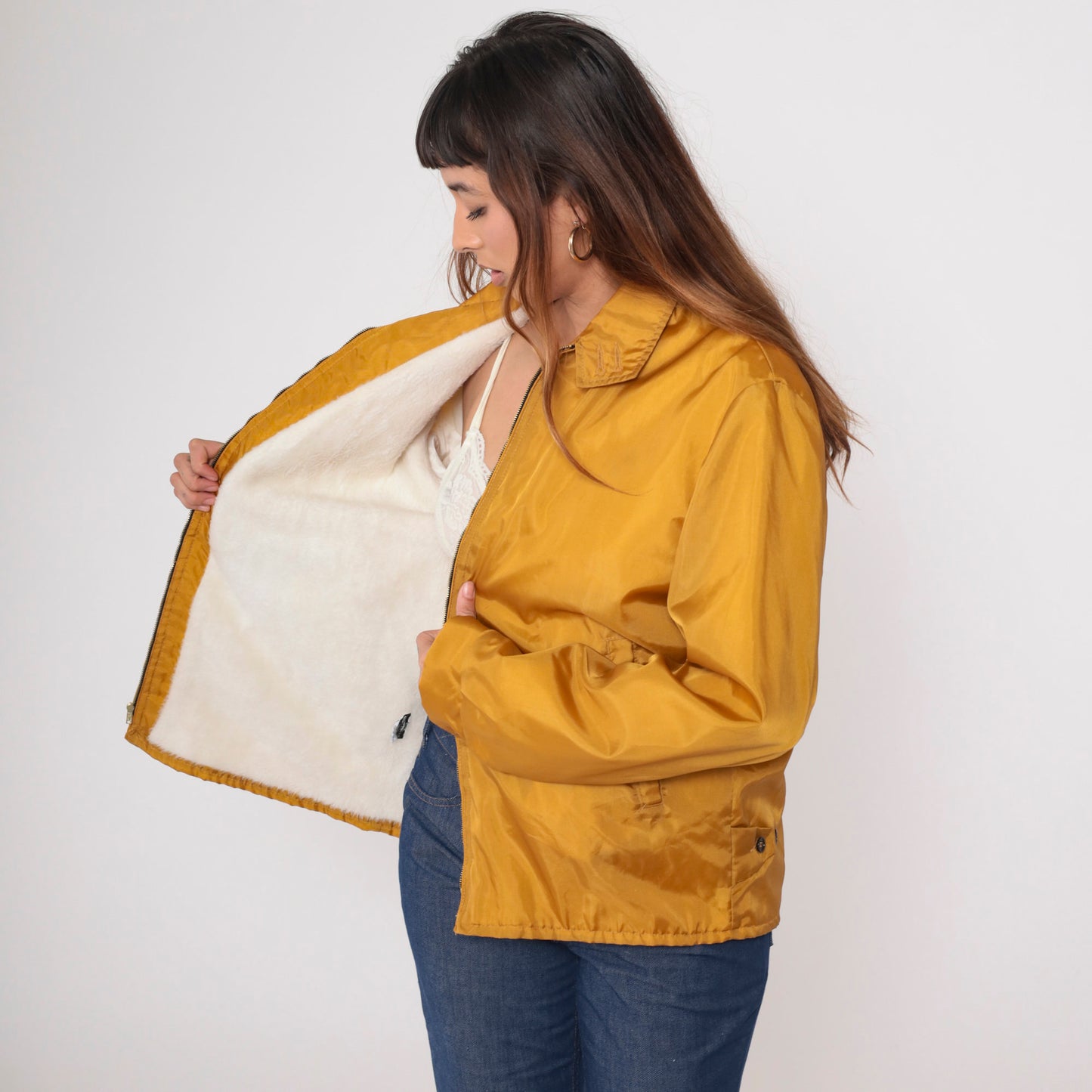 70s Calderon of California Mustard Windbreaker Jacket Faux Fur Lined Large L
