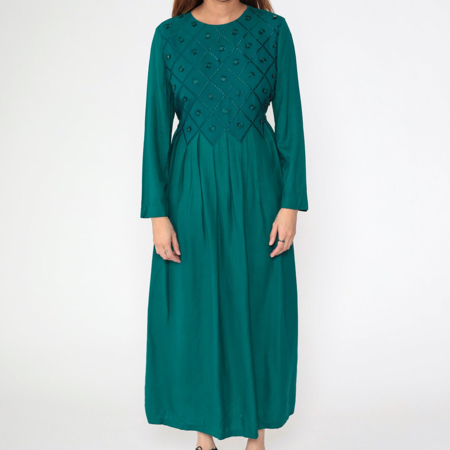 90s Green Floral Embroidered Maxi Dress Long Sleeve Star Buttons Small 6
