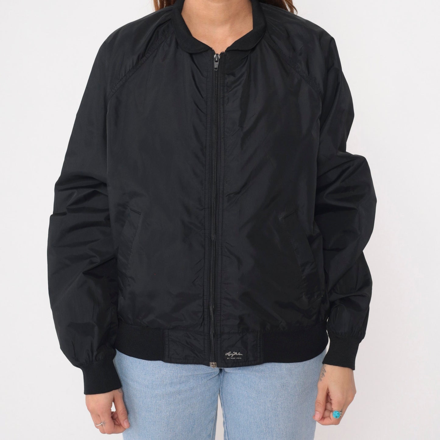 80s Larry Mahan Black Windbreaker Jacket Raglan Sleeve Medium