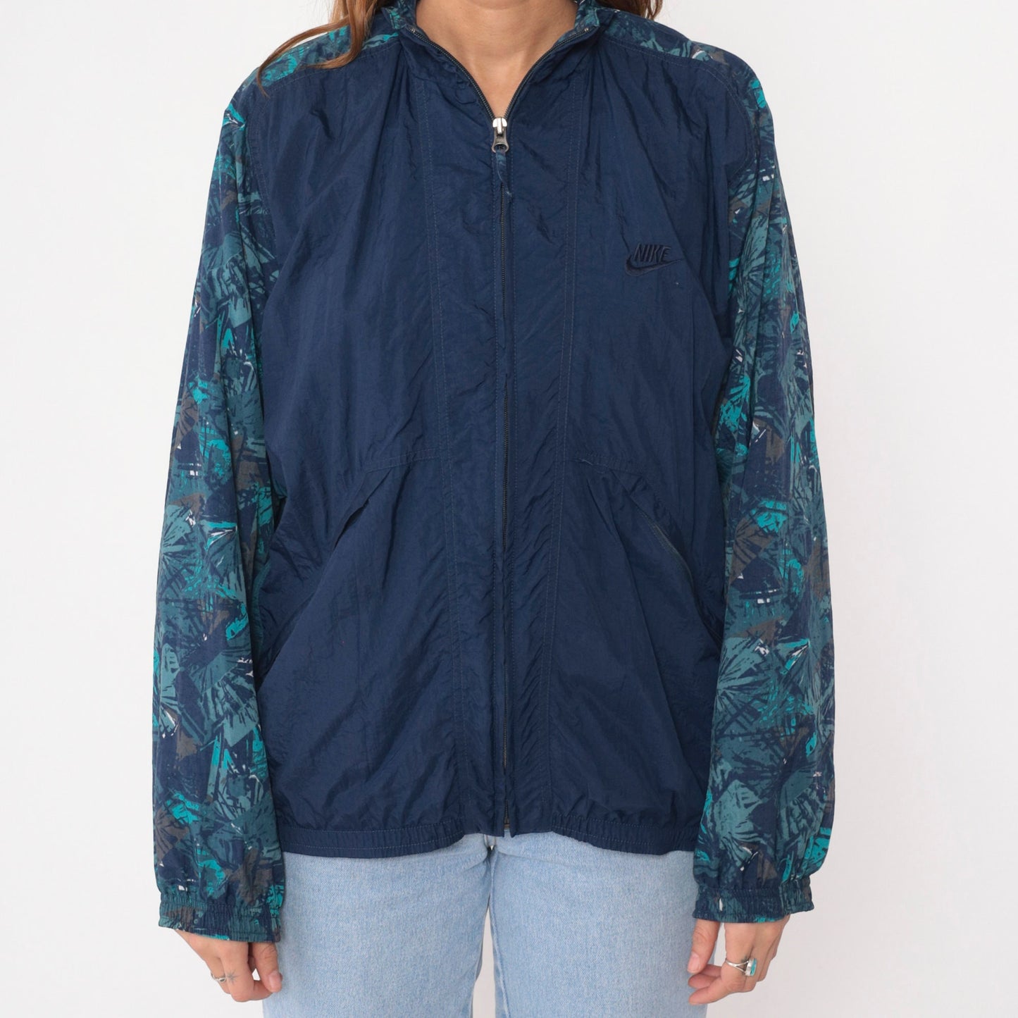 90s Nike Windbreaker Jacket Navy Abstract Print Nylon Zip Jacket Medium