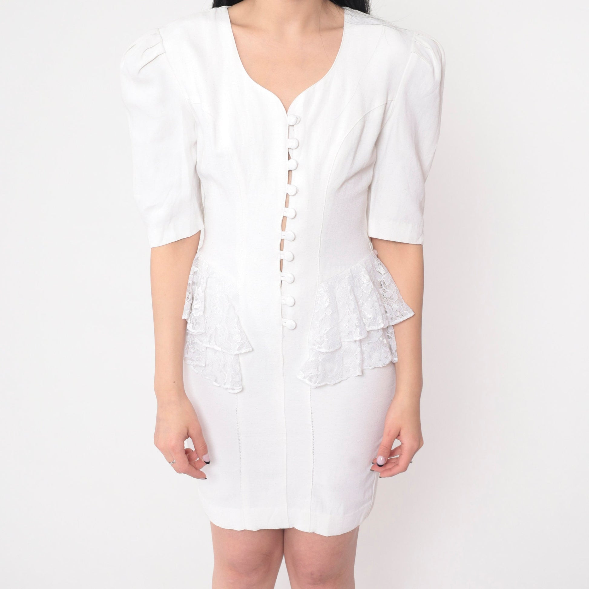 80s Young Edwardian White Lace Peplum Mini Dress Puff Sleeve Extra Small