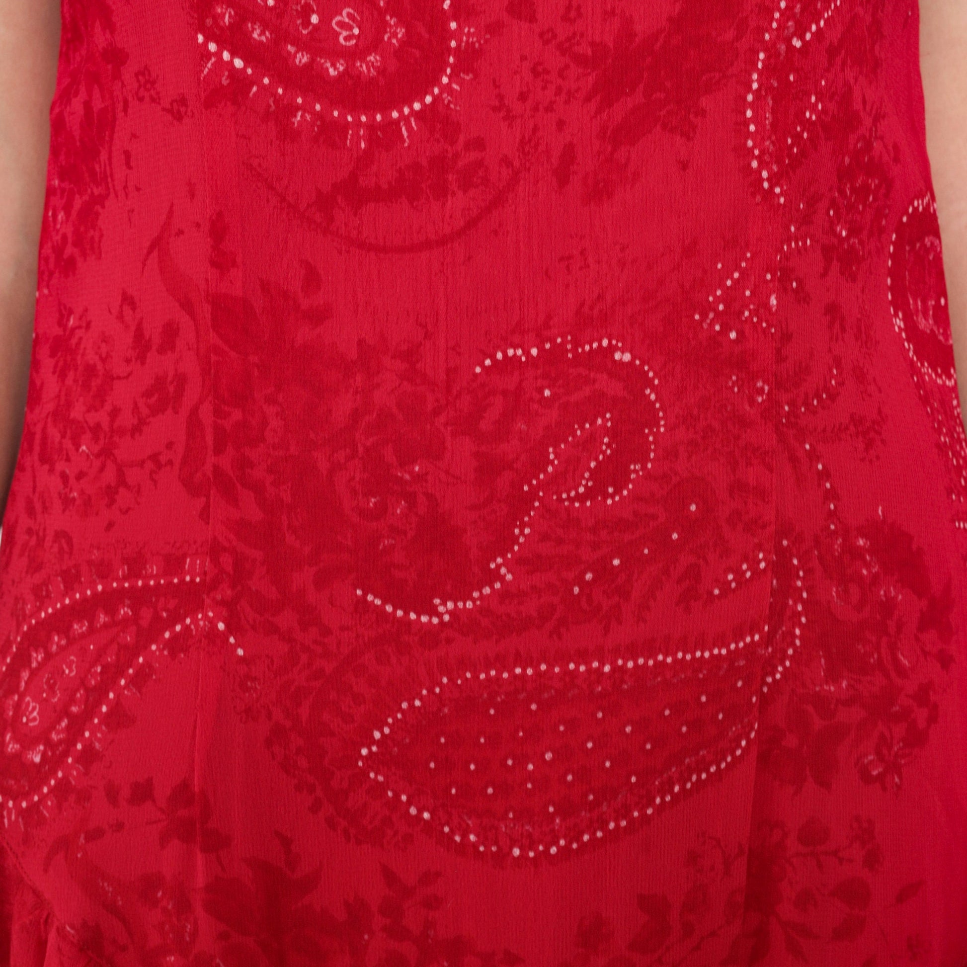 90s Red Paisley Maxi Dress Asymmetrical Drop Waist Short Sleeve Medium