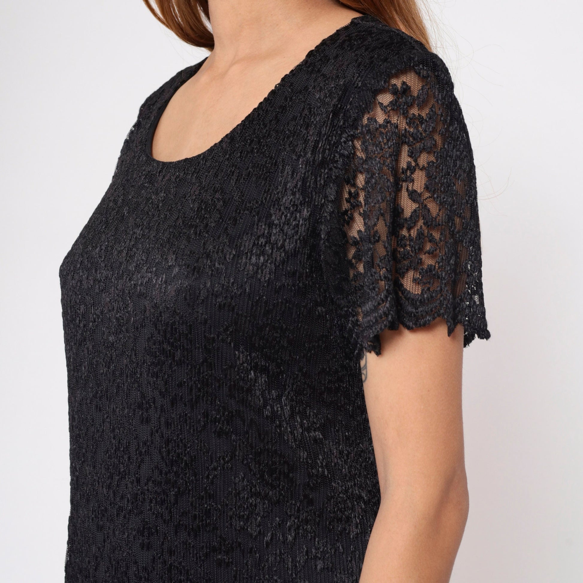 90s Helen Blake Black Lace Floral Midi Dress Scoop Neck Short Sleeve Medium