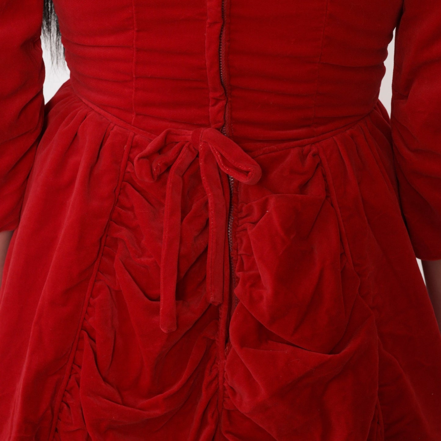 1960s Red Velvet Party Dress High Waist Fit and Flare 3/4 Sleeve Extra Small