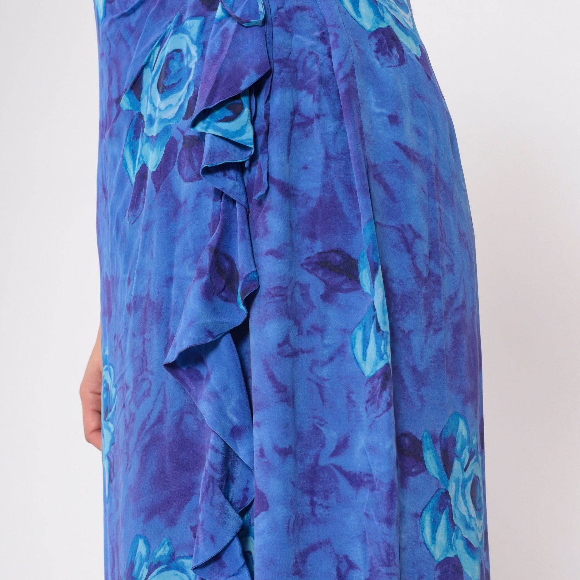 90s Y2K Blue Floral Silk Wrap Dress Waterfall Hem Rose Print Medium