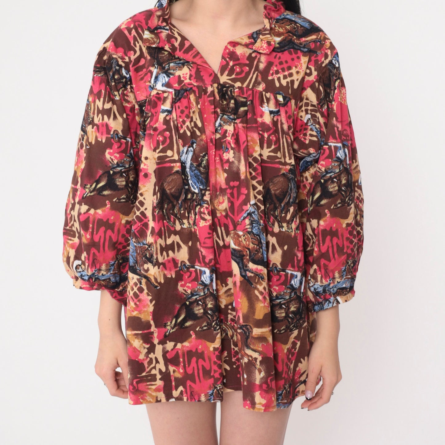 70s Rodeo Print Balloon Sleeve Blouse Red Tent Cut Slit Neckline Large L