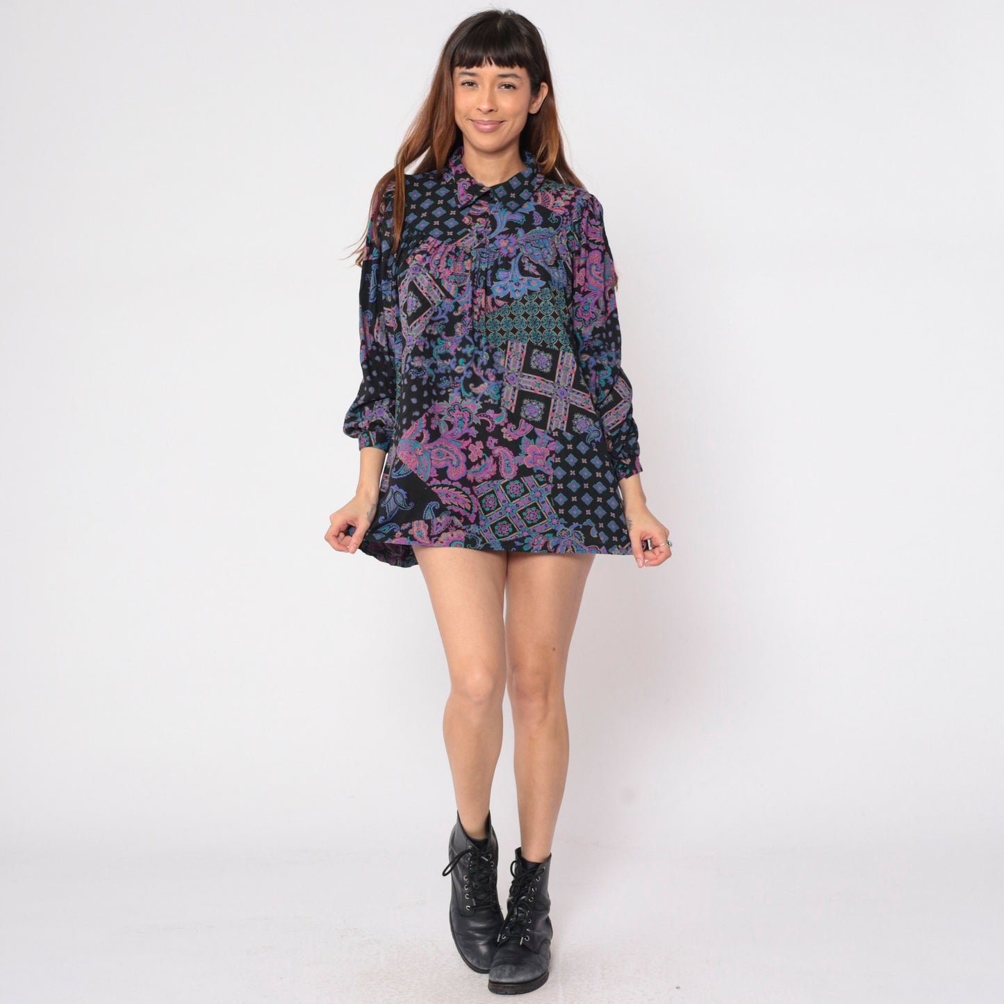 90s Black Abstract Floral Paisley Tunic Mini Dress Puff Sleeve Collared Medium Large