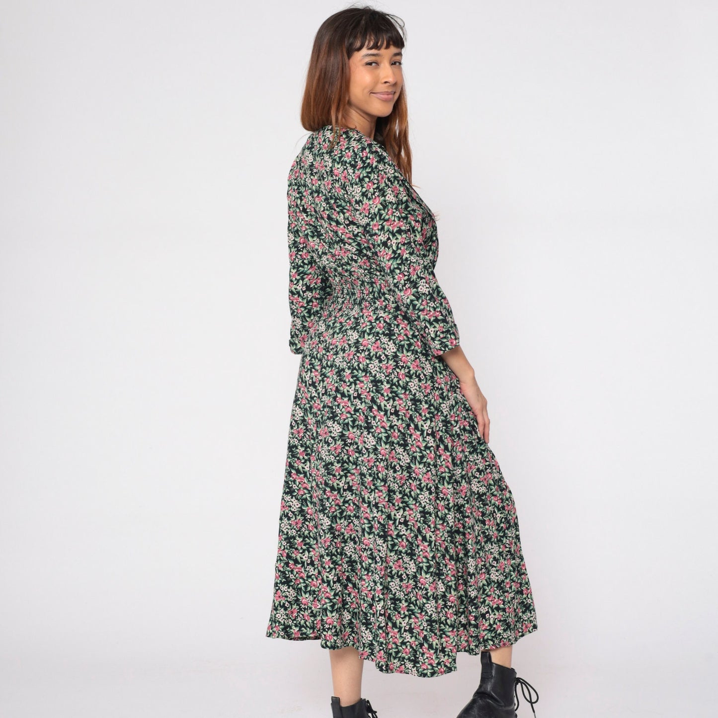 90s Maggie Lawrence Black Floral Midi Dress Basque Waist Lace V-Neck Small S