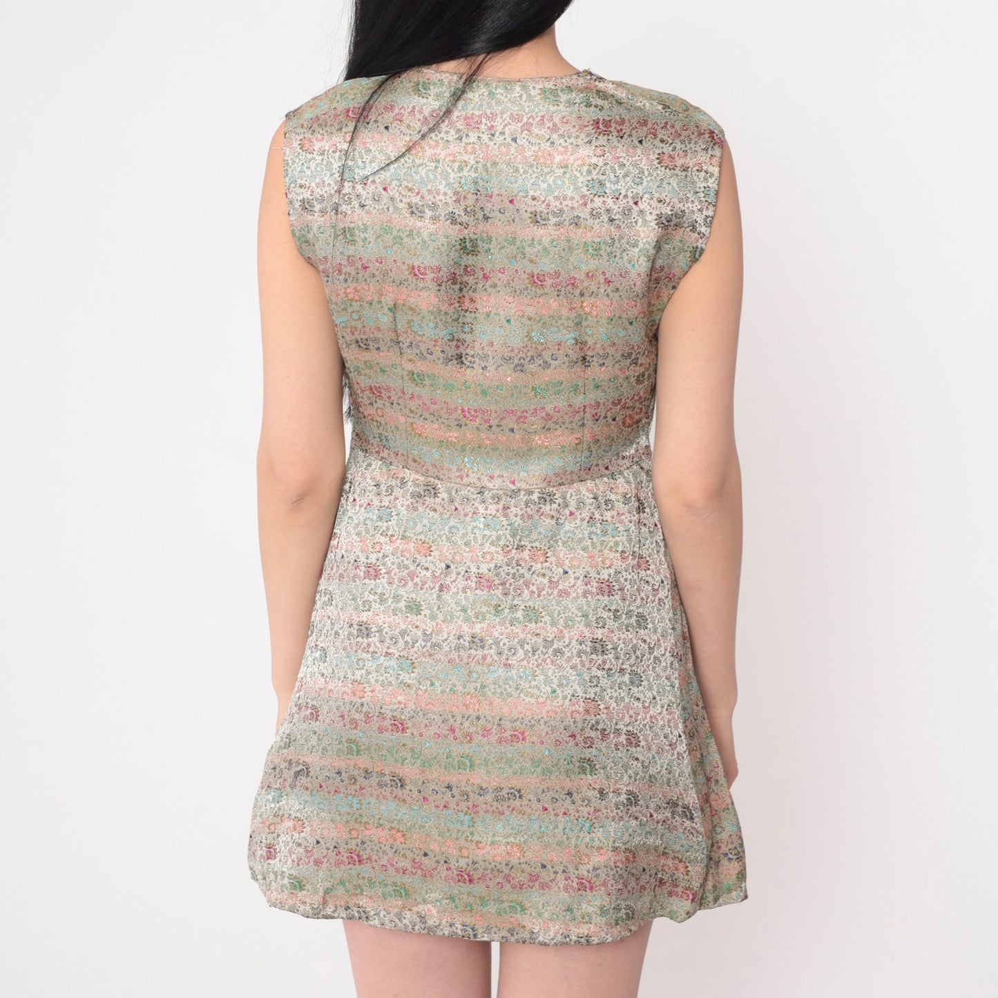 60s Floral Brocade Mini Dress Sleeveless Shift High Waist Small