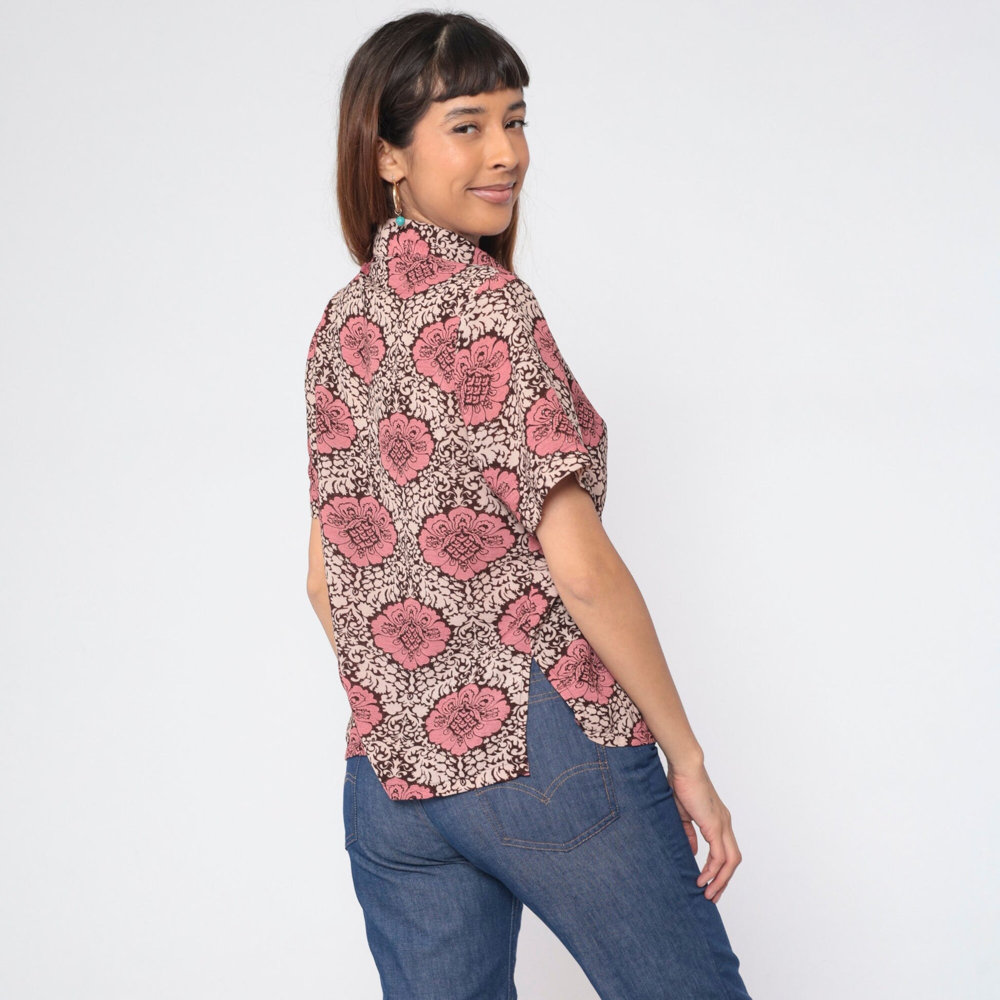 90s Floral Button-Up Blouse Brown Pink Cream Flower Print Short Sleeve Medium