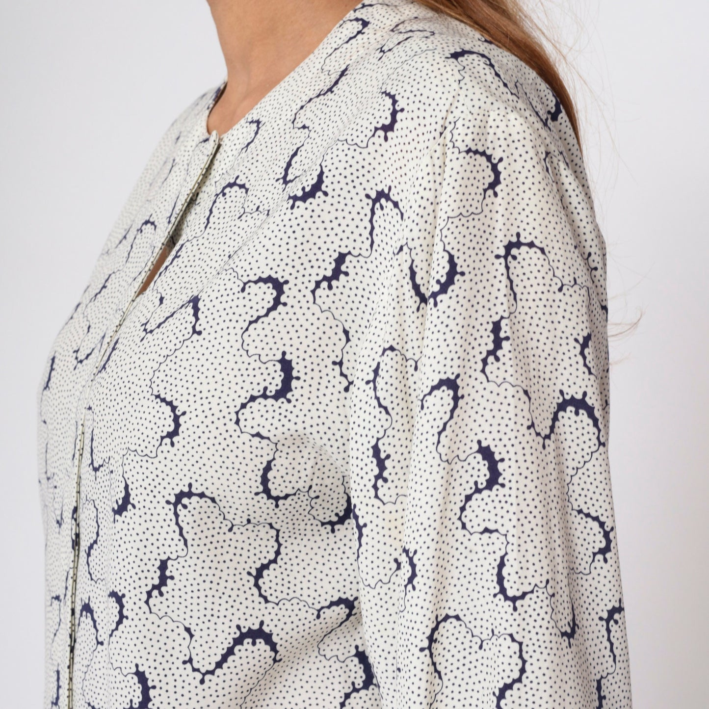 90s Evan Picone Abstract Dot Print Button-Up Blouse White Long Sleeve Medium