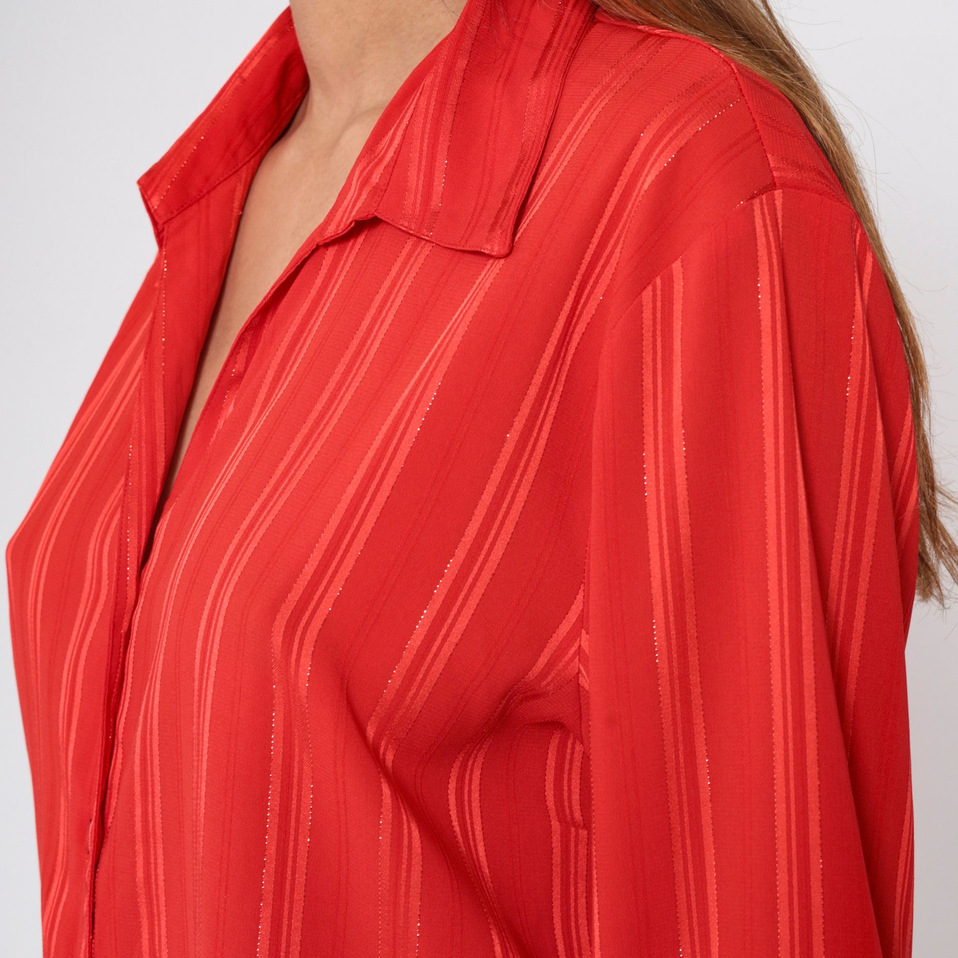 90s Red Metallic Striped Button-Up Blouse Collared V-Neck Large L