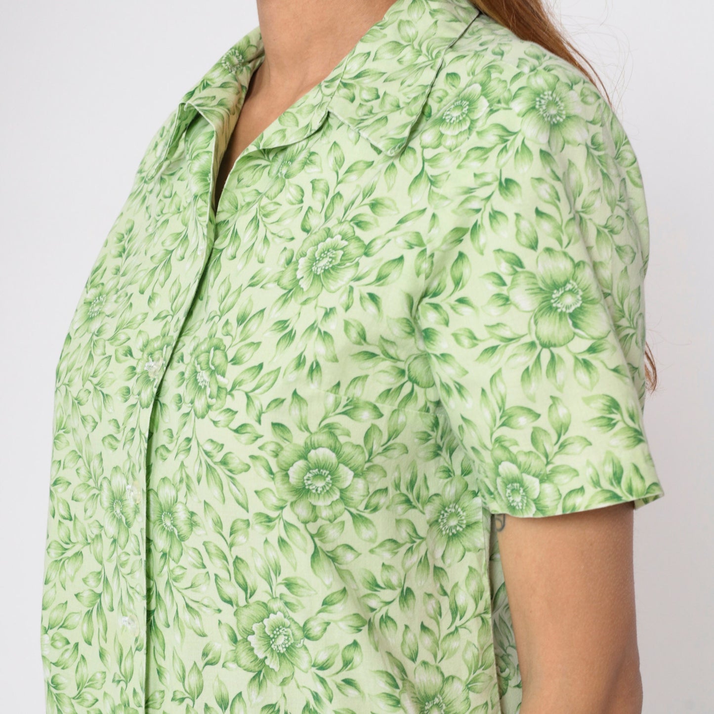 90s Green Floral Button-Up Shirt Short Sleeve Collared Blouse Medium M
