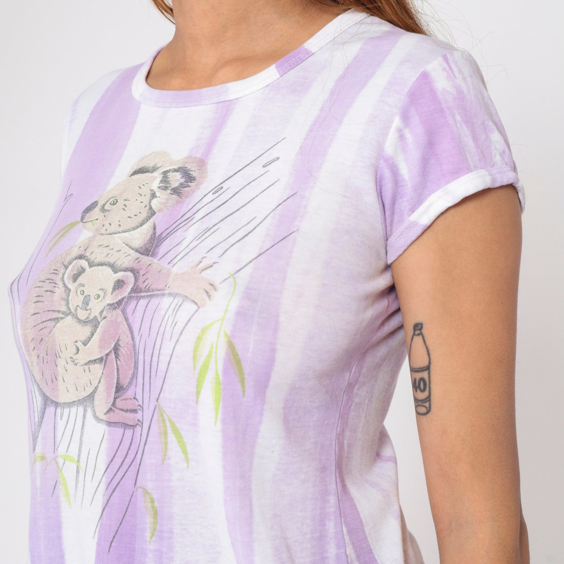 80s Koala Mama Baby Graphic T-Shirt Purple White Striped Cap Sleeve Small Medium