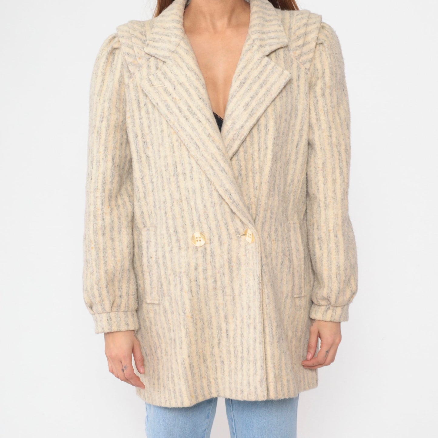 80s Striped Wool Blend Blazer Grey Cream Double Breasted Tailored Medium M